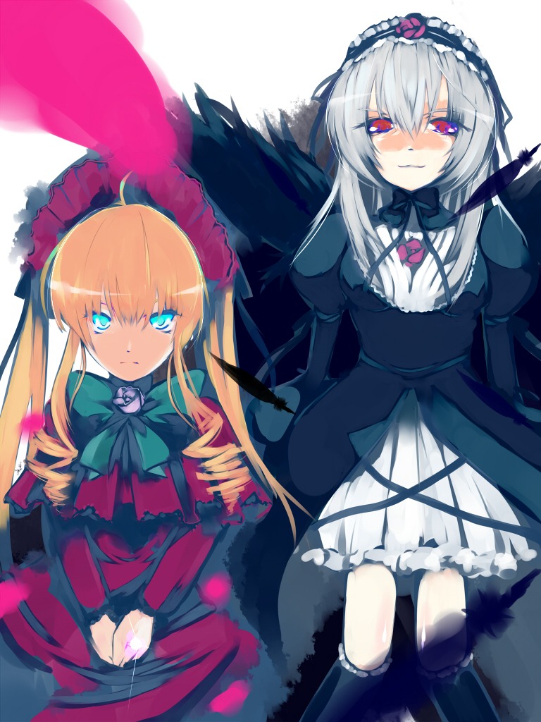 2girls ahoge blaze_(artist) blonde_hair blue_eyes blush bonnet bow commentary_request dress drill_hair feathers frills hairband image kneehighs lolita_fashion lolita_hairband long_hair long_sleeves looking_at_viewer multiple_girls pair pink_eyes red_eyes rozen_maiden shinku silver_hair sitting socks suigintou twintails wings