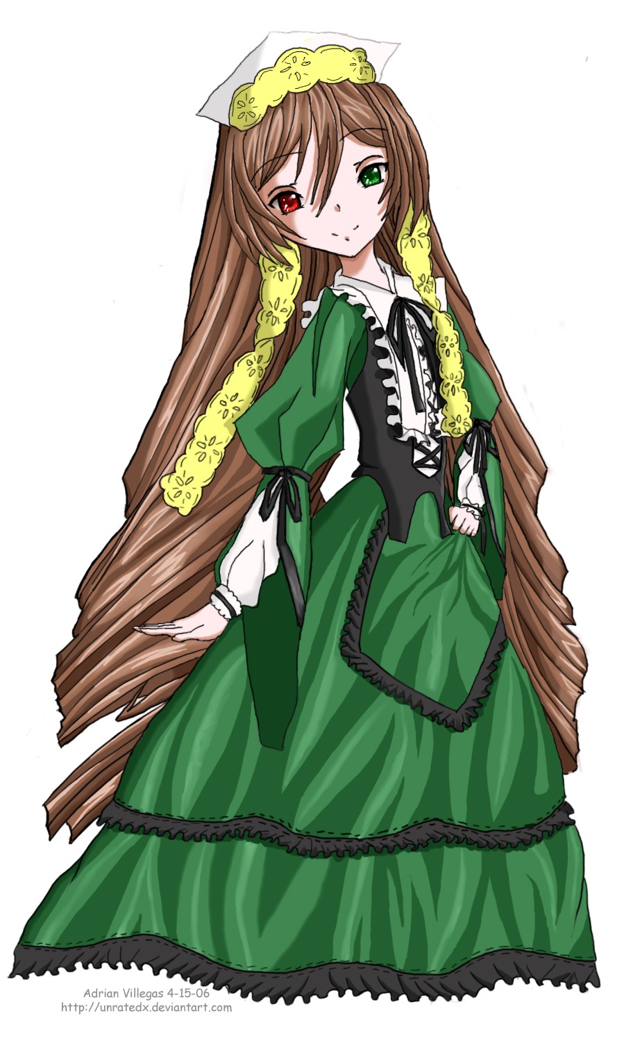 1girl brown_hair dress frills full_body green_dress green_eyes head_scarf heterochromia image long_hair long_sleeves looking_at_viewer red_eyes simple_background solo standing suiseiseki twintails very_long_hair white_background