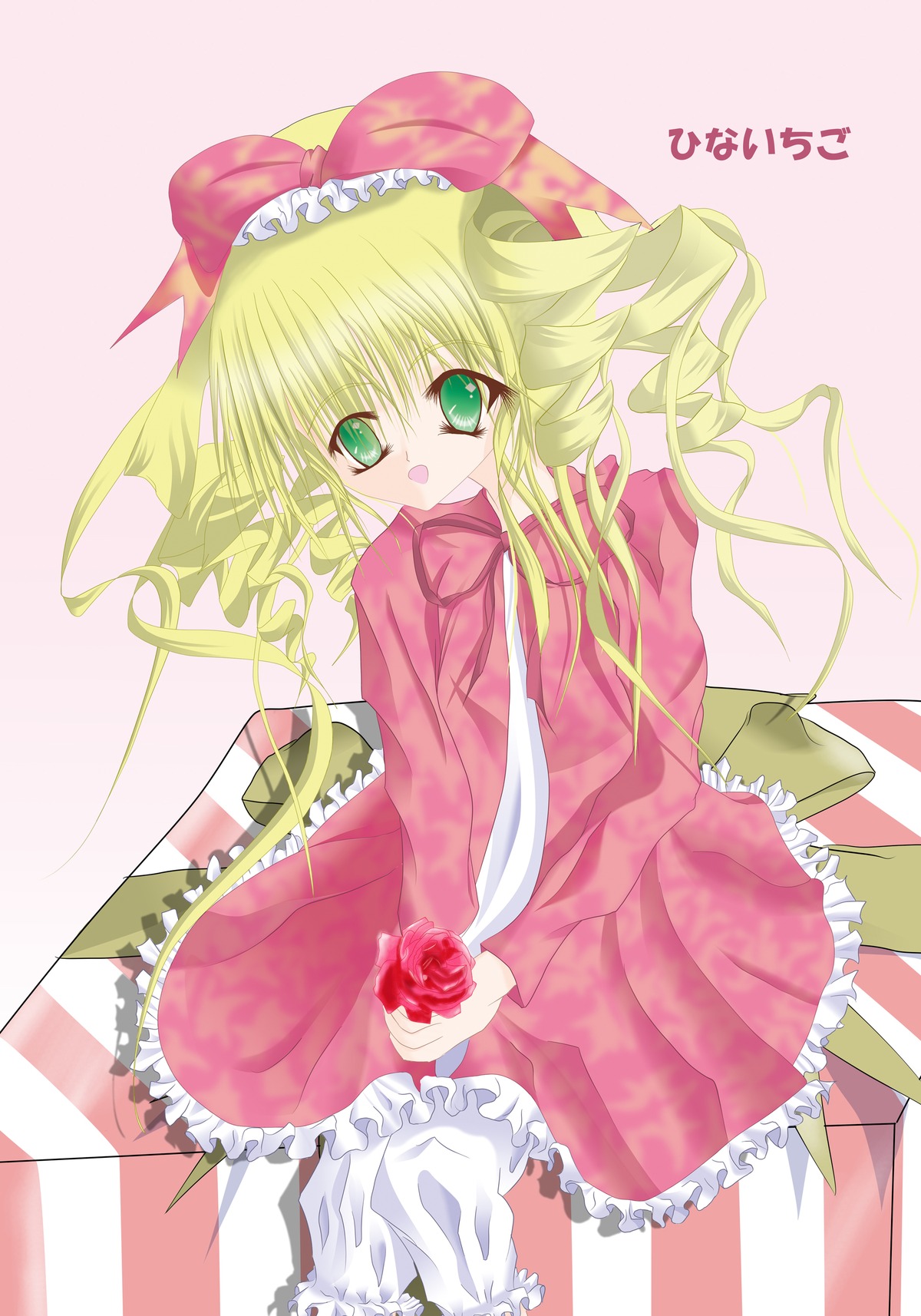 1girl :d blonde_hair bow dress drill_hair flower frills green_eyes hina_ichigo hinaichigo image long_sleeves looking_at_viewer open_mouth pink_bow pink_dress ribbon sitting smile solo