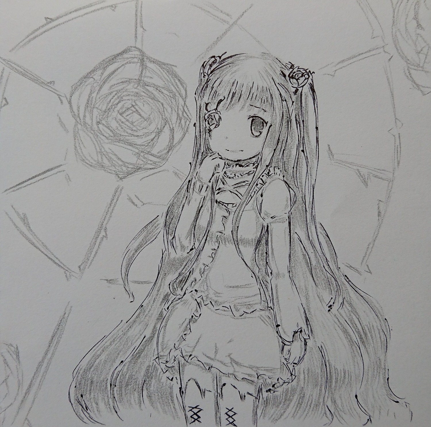 1girl dress greyscale image kirakishou long_hair looking_at_viewer monochrome sketch smile solo standing traditional_media twintails very_long_hair