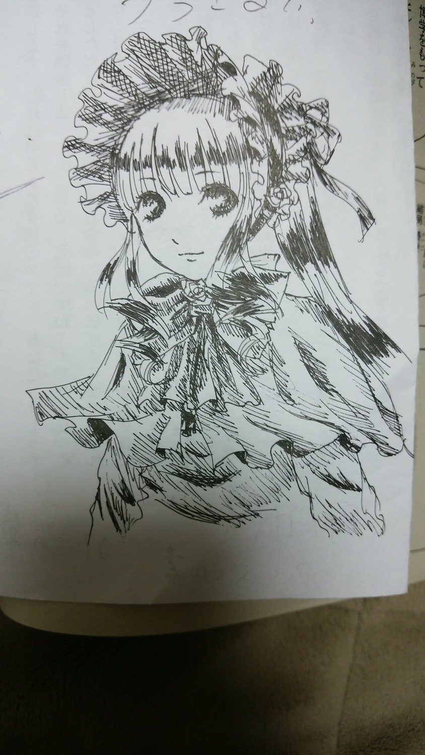 1girl bangs bow graphite_(medium) greyscale hair_ornament image looking_at_viewer monochrome photo shinku sketch smile solo traditional_media