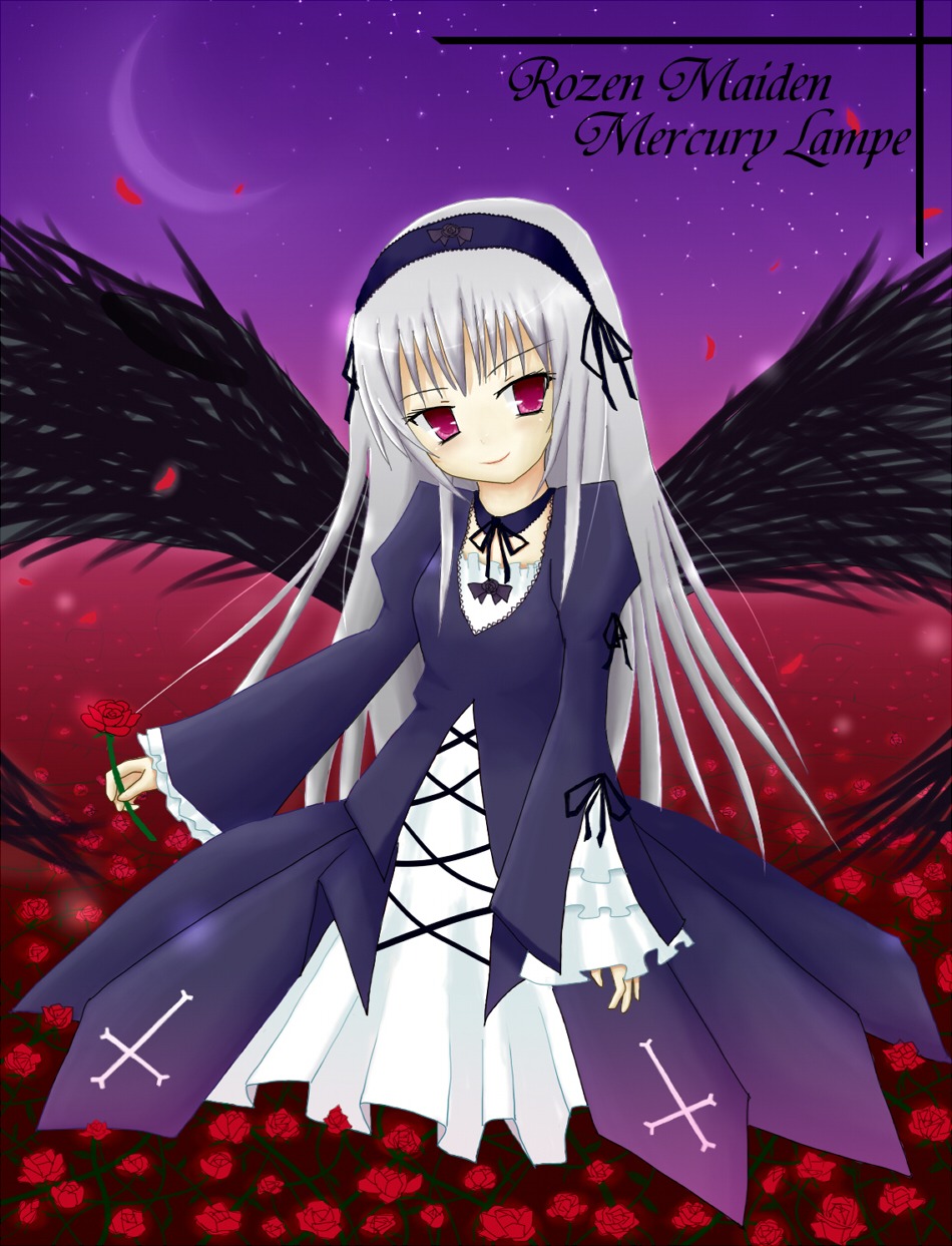 1girl black_wings dress flower frills hairband image long_hair long_sleeves looking_at_viewer moon night red_flower red_rose rose silver_hair sky smile solo spider_lily star_(sky) suigintou wings