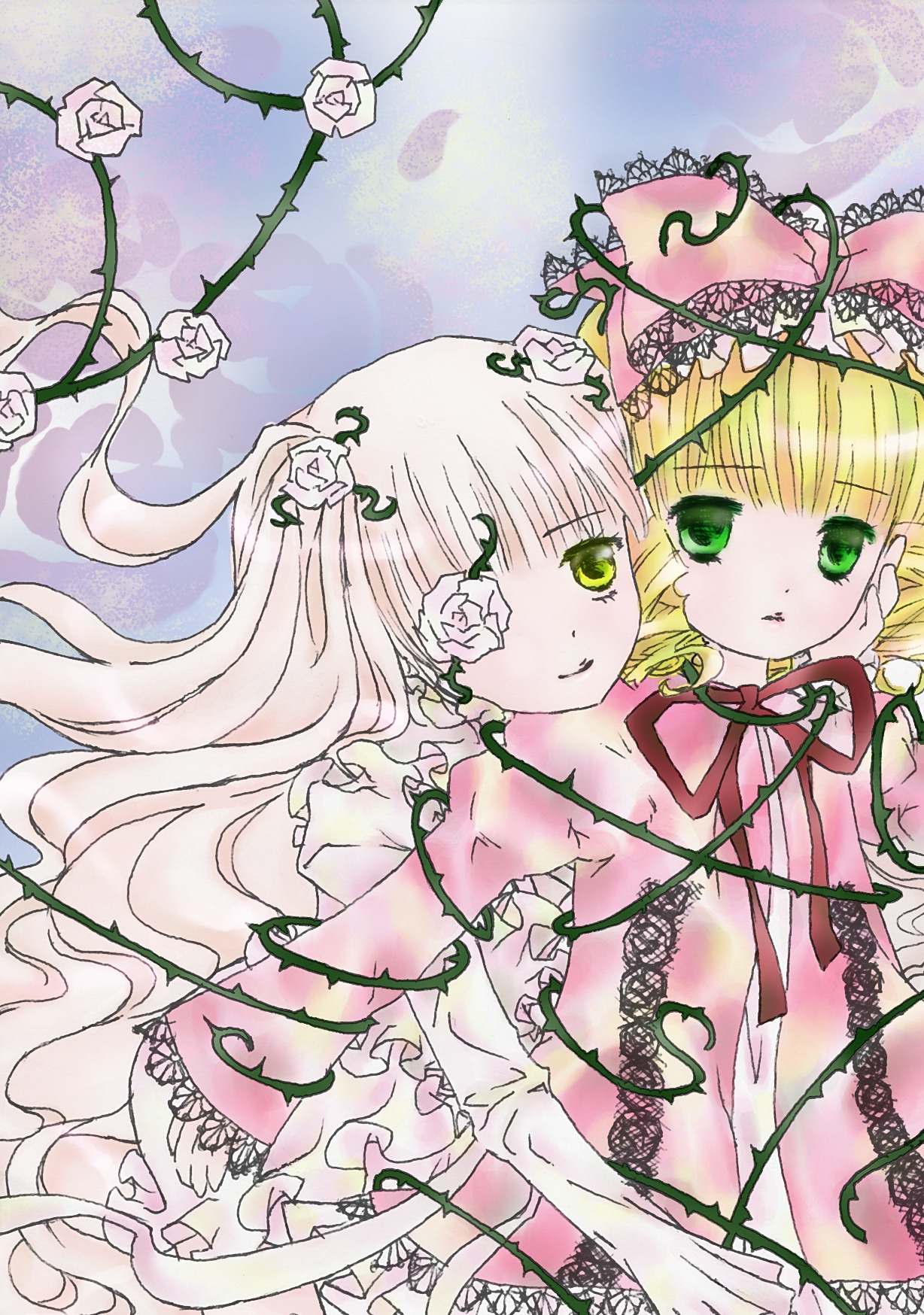 2girls blonde_hair dress eyepatch flower frills green_eyes hina_ichigo hinaichigo image kirakishou long_hair long_sleeves multiple_girls pair pink_rose ribbon rose smile thorns vines white_flower white_rose