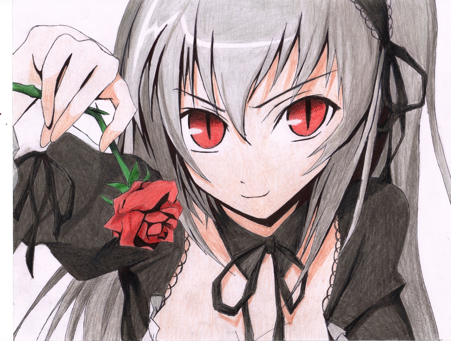 1girl black_ribbon dress flower frills holding holding_flower image long_hair looking_at_viewer millipen_(medium) red_eyes red_flower red_rose ribbon rose silver_hair smile solo suigintou traditional_media