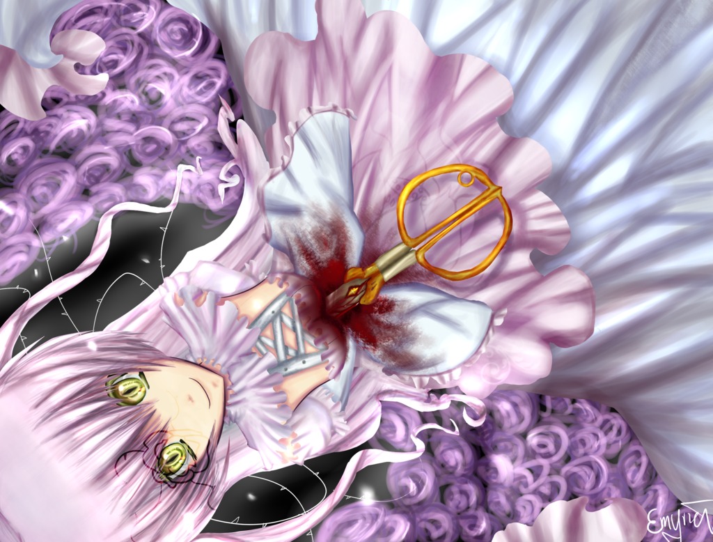 1girl blood dress flower hair_ribbon image kaname_madoka kirakishou long_hair pink_hair purple_flower purple_rose ribbon rose smile solo two_side_up ultimate_madoka very_long_hair yellow_eyes