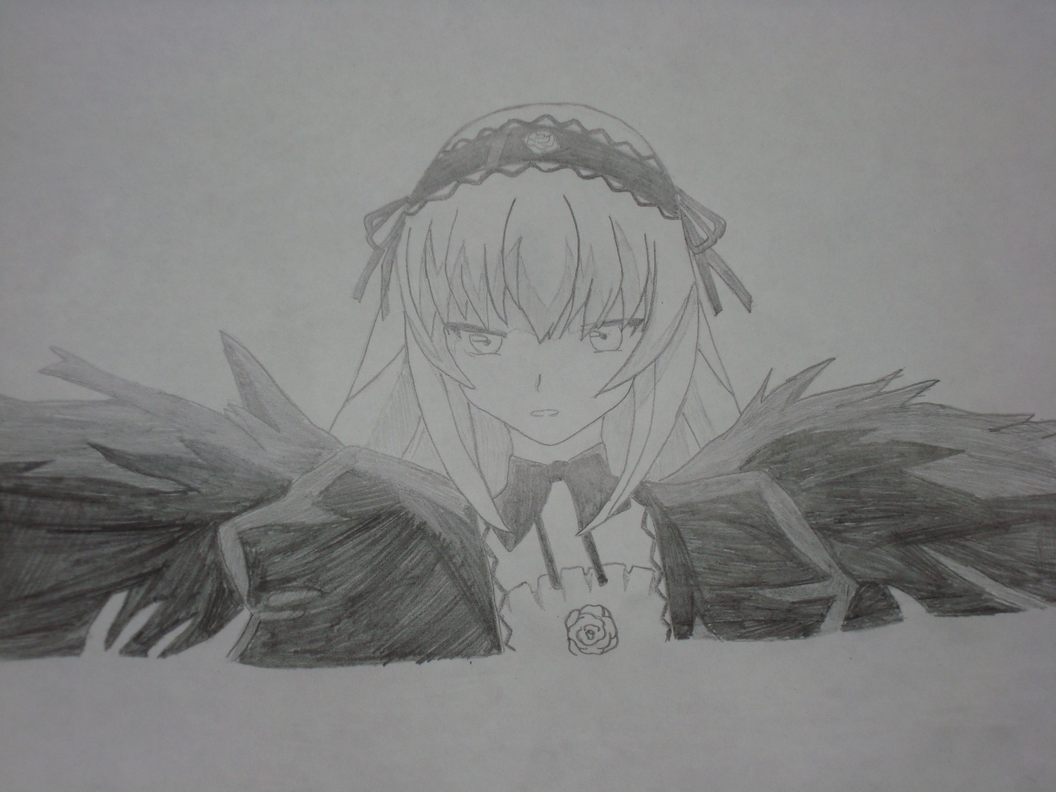 1girl black_wings dress feathered_wings feathers flower greyscale hairband image long_hair long_sleeves looking_at_viewer monochrome rose simple_background solo suigintou traditional_media upper_body wings