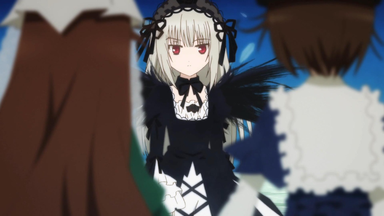 1boy 1girl black_dress black_wings blurry blurry_background blurry_foreground brown_hair depth_of_field dress gothic_lolita hairband image lolita_fashion lolita_hairband long_sleeves motion_blur multiple red_eyes ribbon short_hair silver_hair suigintou tagme wings