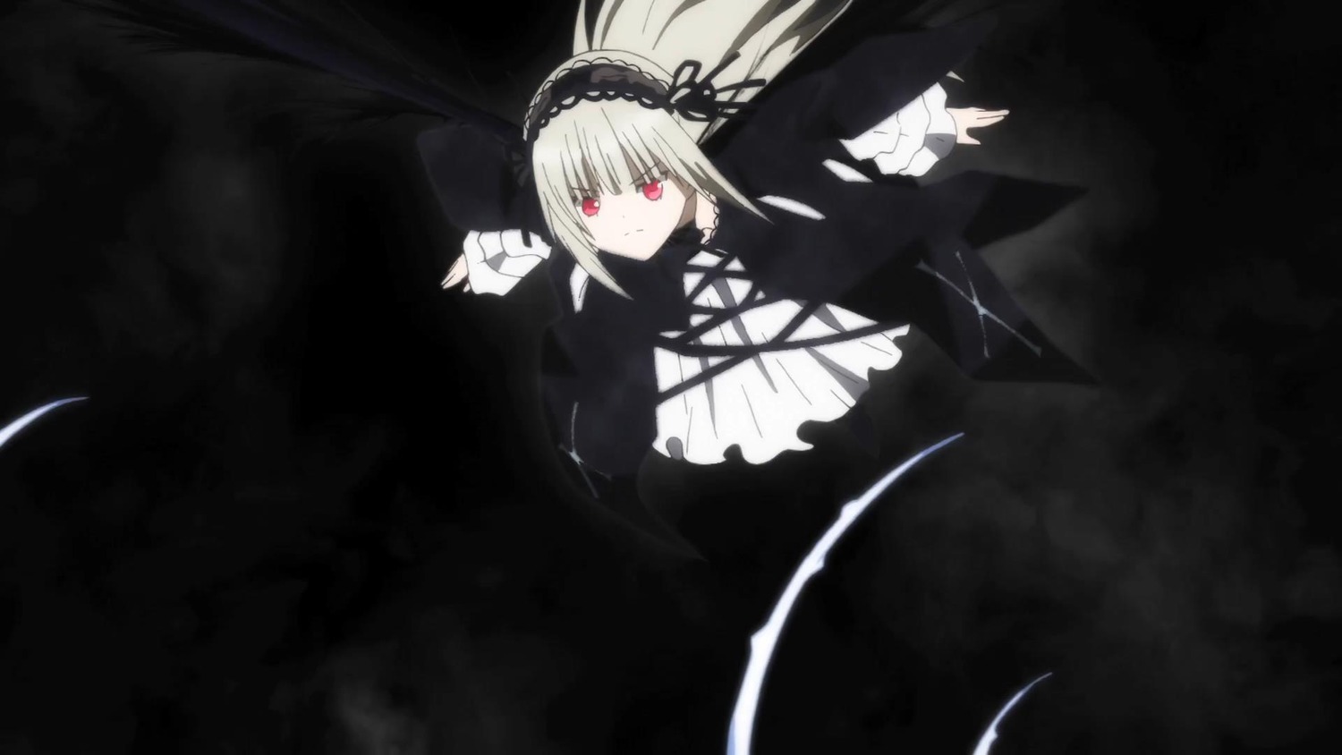 1girl black_ribbon black_wings dress frilled_sleeves frills hairband image long_hair long_sleeves looking_at_viewer red_eyes ribbon solo suigintou wings