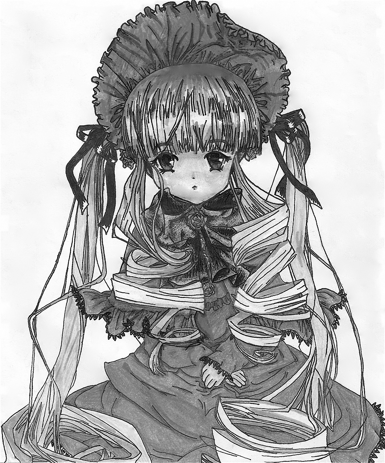 1girl bangs blush bonnet capelet dress eyebrows_visible_through_hair fur_trim greyscale hat image long_hair long_sleeves looking_at_viewer monochrome ribbon shinku solo twintails very_long_hair