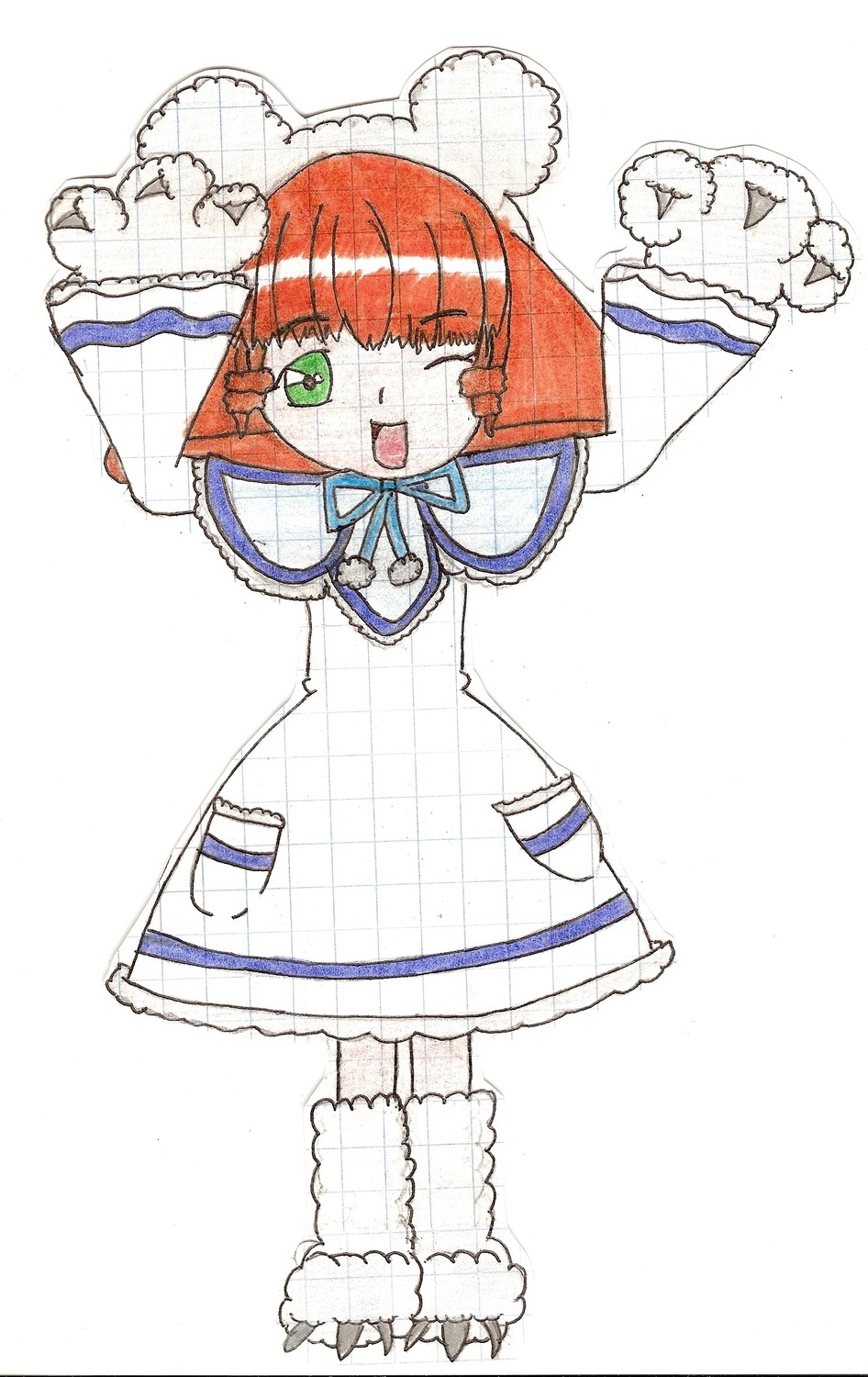 1girl dress full_body green_eyes hinaichigo image long_sleeves one_eye_closed open_mouth red_hair simple_background smile solo standing white_background