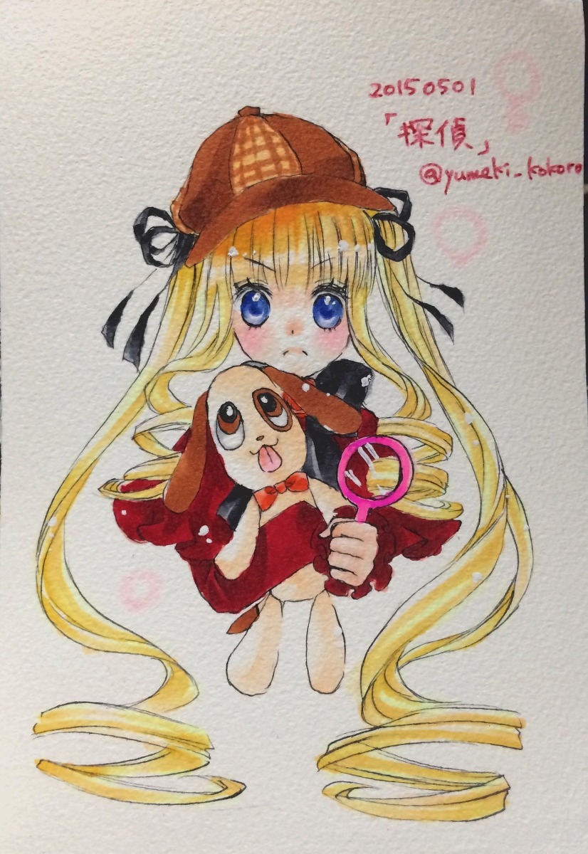 1girl blonde_hair blue_eyes blush dress drill_hair hat image long_hair long_sleeves ringlets shinku solo traditional_media very_long_hair