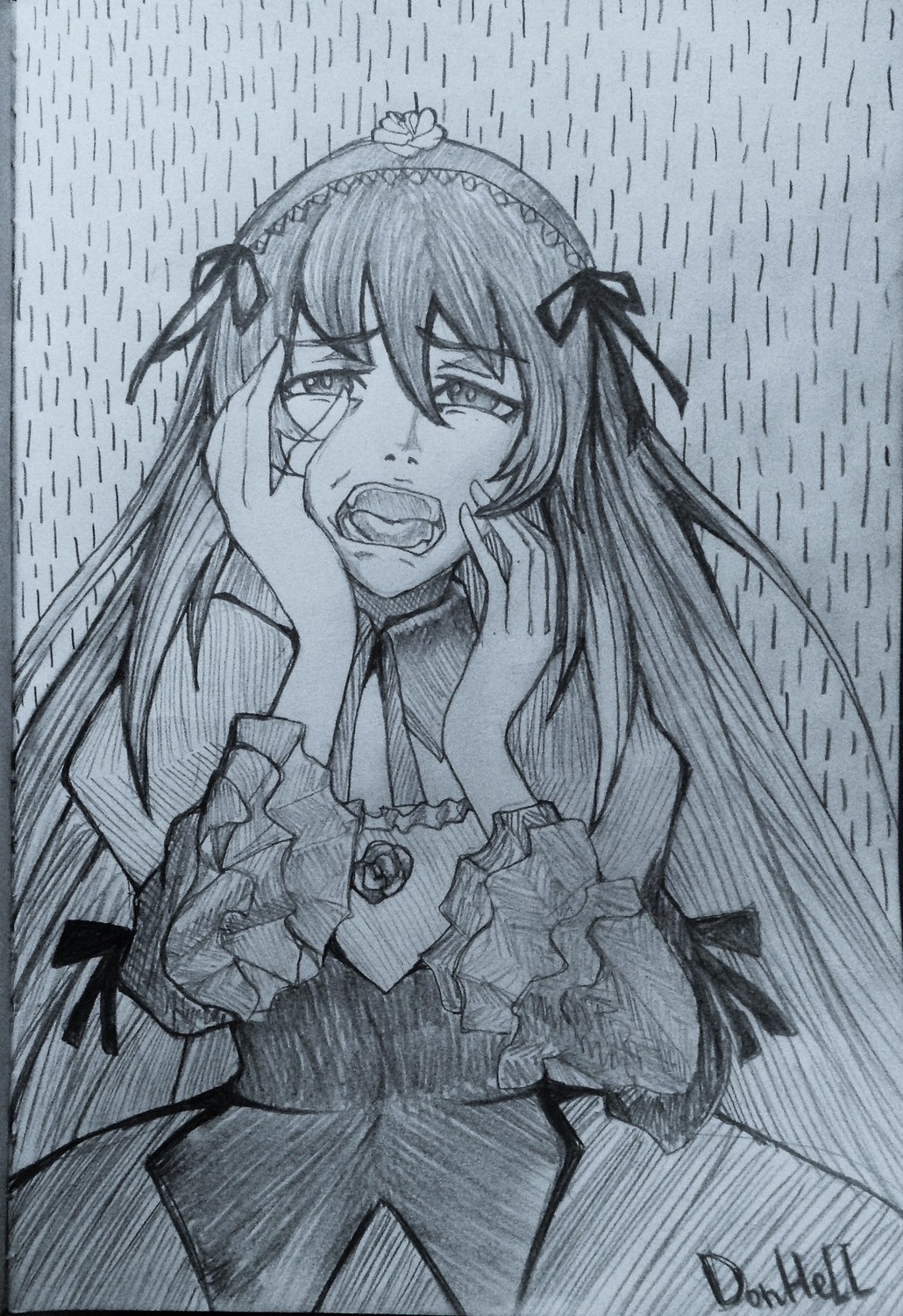 1girl dress fangs graphite_(medium) greyscale hairband hands_on_own_cheeks hands_on_own_face hands_up image long_hair long_sleeves looking_at_viewer monochrome open_mouth signature solo suigintou tears traditional_media