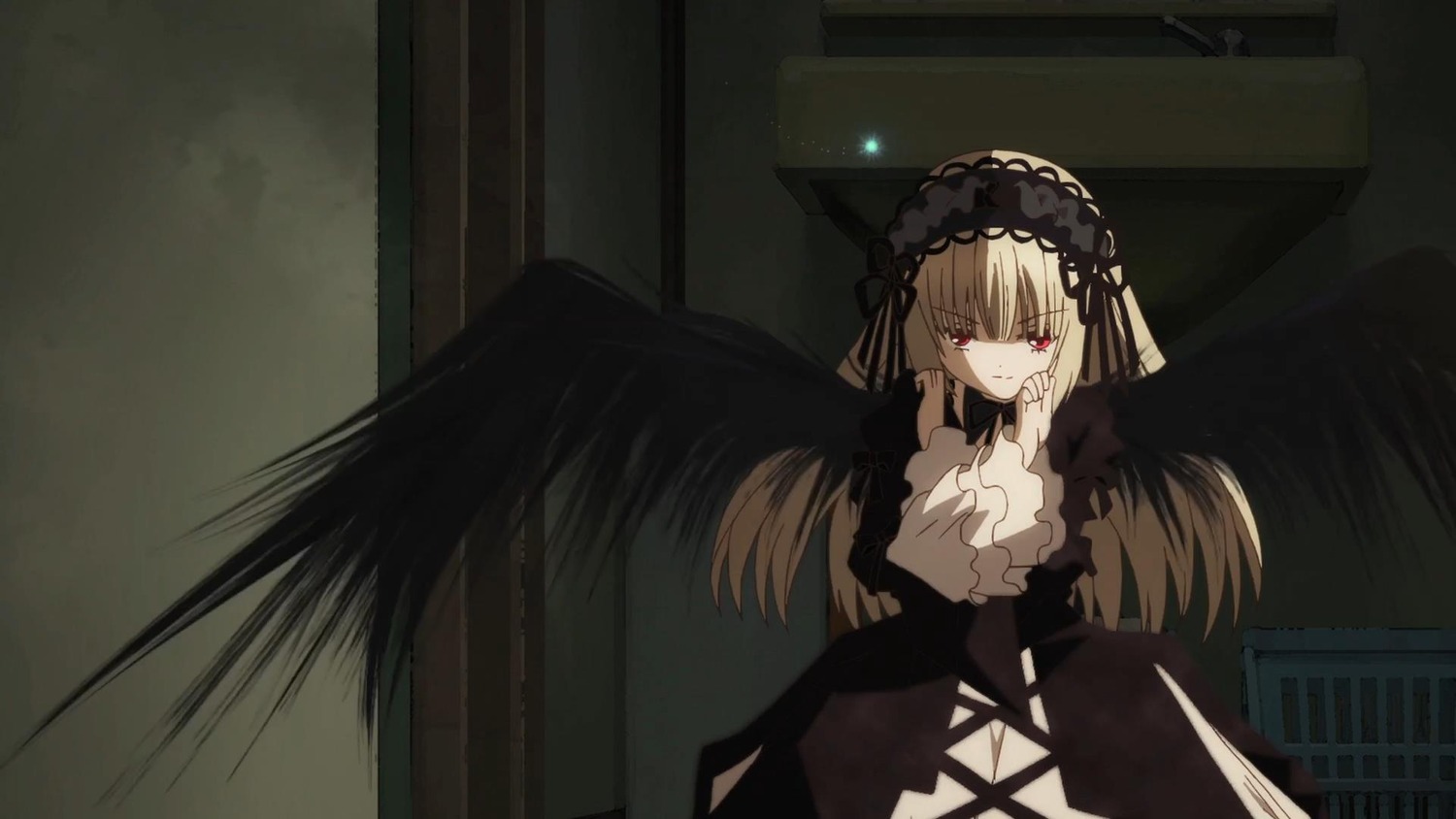 1girl black_dress black_ribbon black_wings dress feathered_wings hairband image lolita_hairband long_hair long_sleeves looking_at_viewer red_eyes ribbon solo suigintou wings