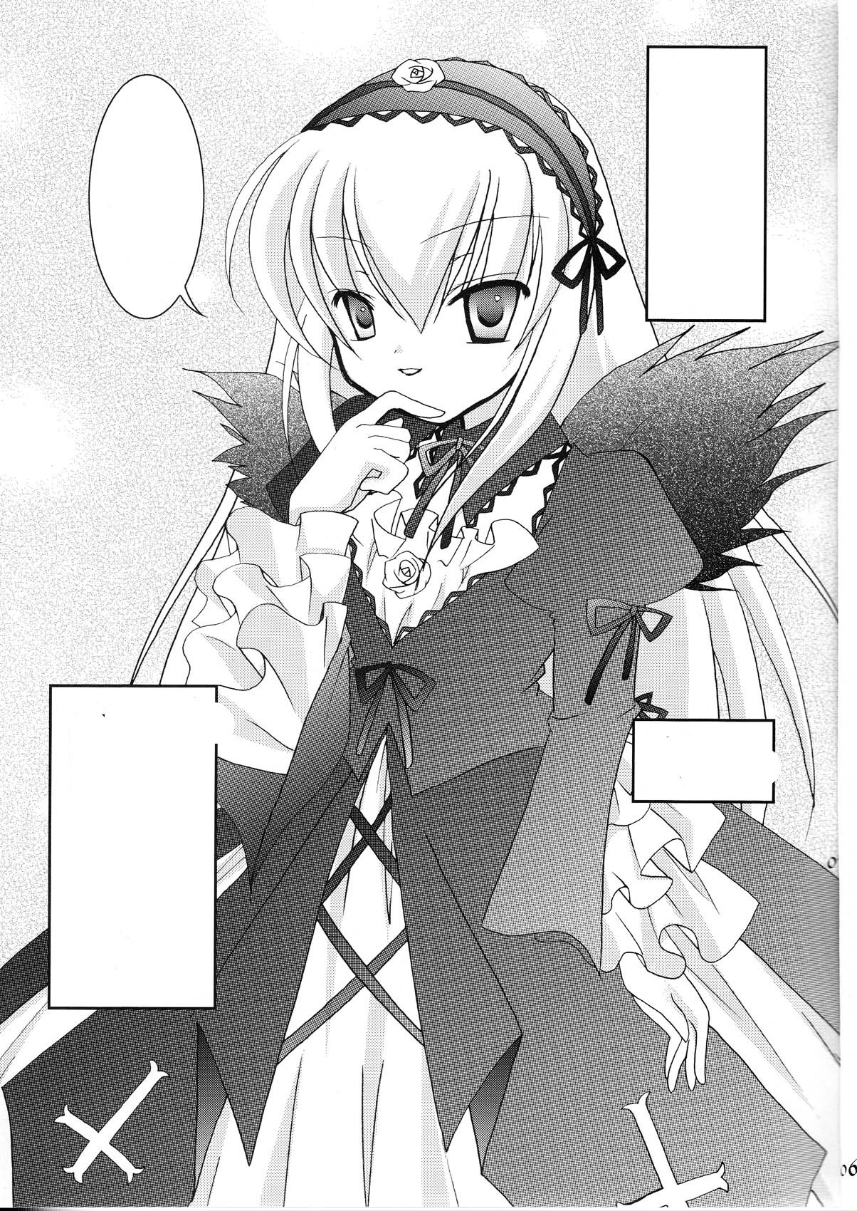 1girl comic detached_collar dress frills greyscale hairband image long_hair long_sleeves looking_at_viewer monochrome ribbon solo speech_bubble suigintou wings