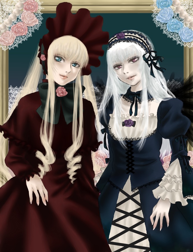 2girls auto_tagged black_dress blonde_hair blue_eyes bonnet bow dress flower image long_hair long_sleeves looking_at_viewer multiple_girls pair pink_eyes pink_rose rose shinku silver_hair suigintou wings