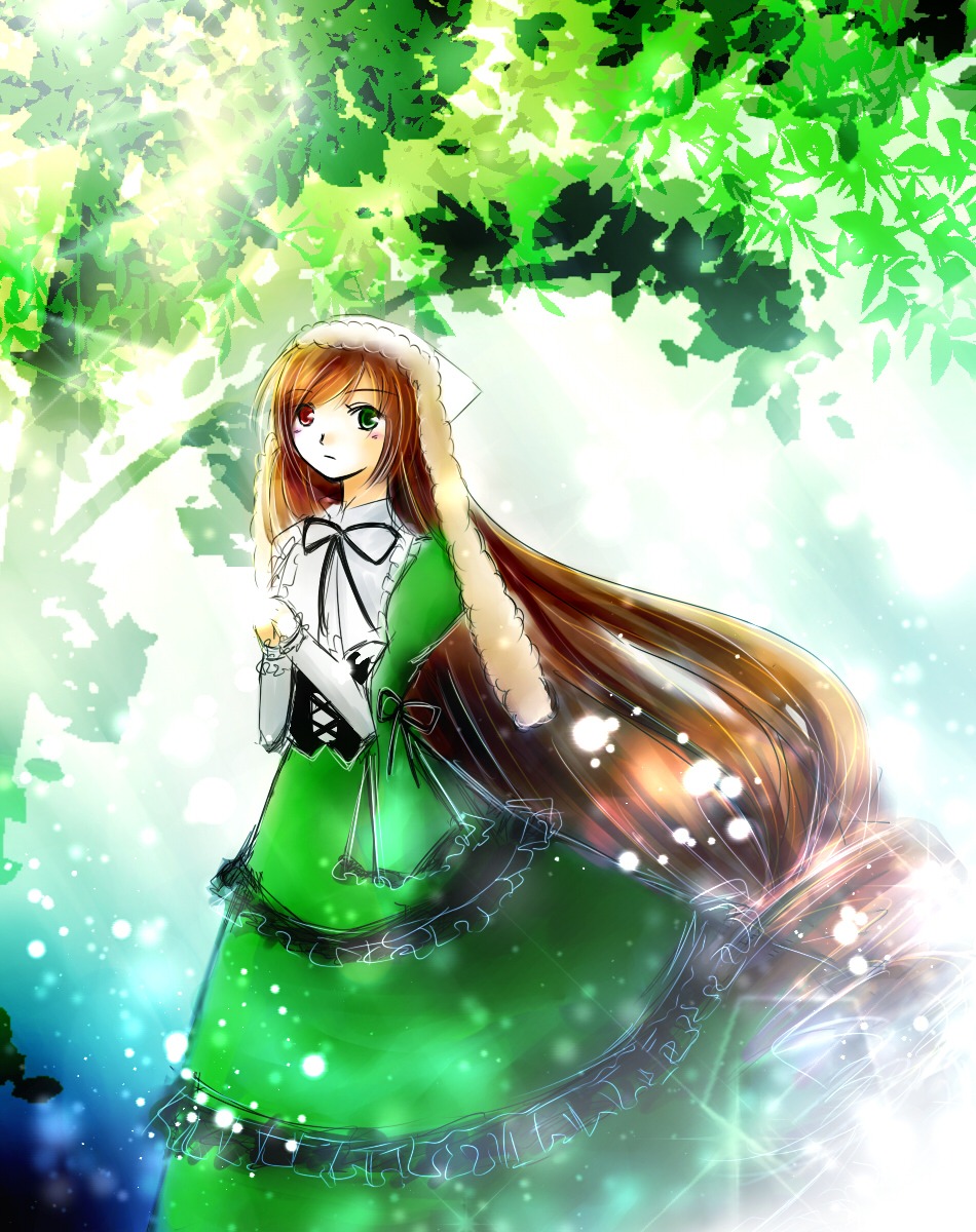 1girl brown_hair dress frills green_dress green_eyes heterochromia image long_hair long_sleeves looking_at_viewer outdoors red_eyes solo standing suiseiseki sunlight very_long_hair watering_can