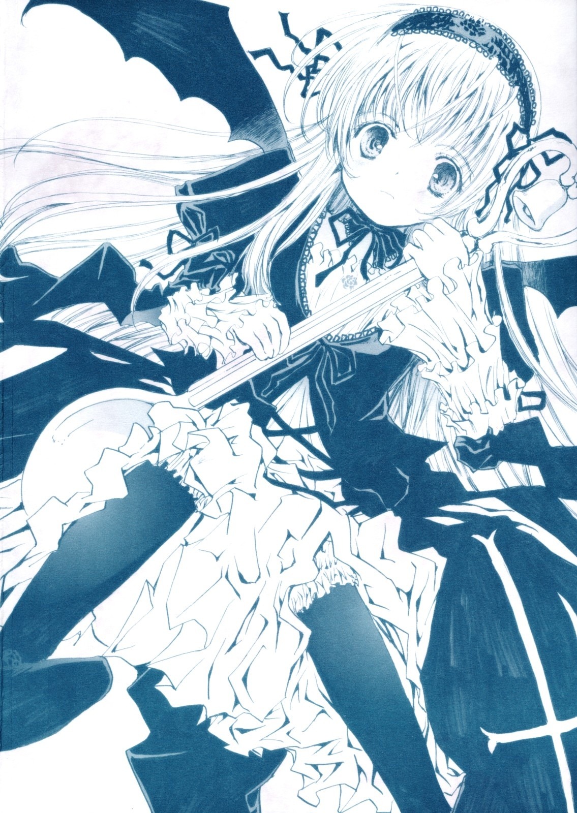 1girl blue_theme blush detached_collar dress frills hairband image lolita_fashion lolita_hairband long_hair long_sleeves looking_at_viewer monochrome ribbon solo suigintou traditional_media underwear wings