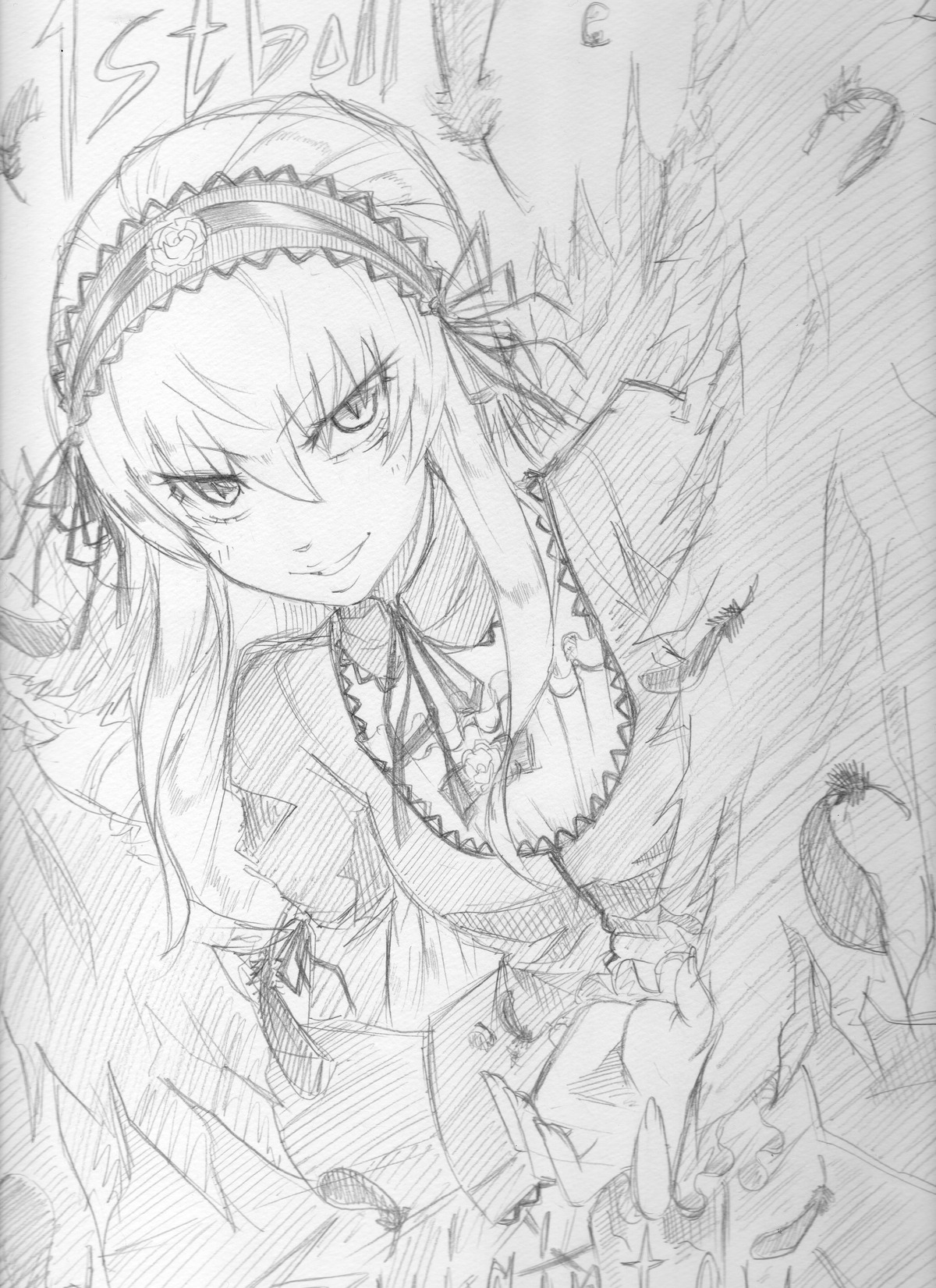 1girl black_wings dress feathers frills greyscale hairband image long_hair long_sleeves looking_at_viewer monochrome smile solo suigintou traditional_media wings