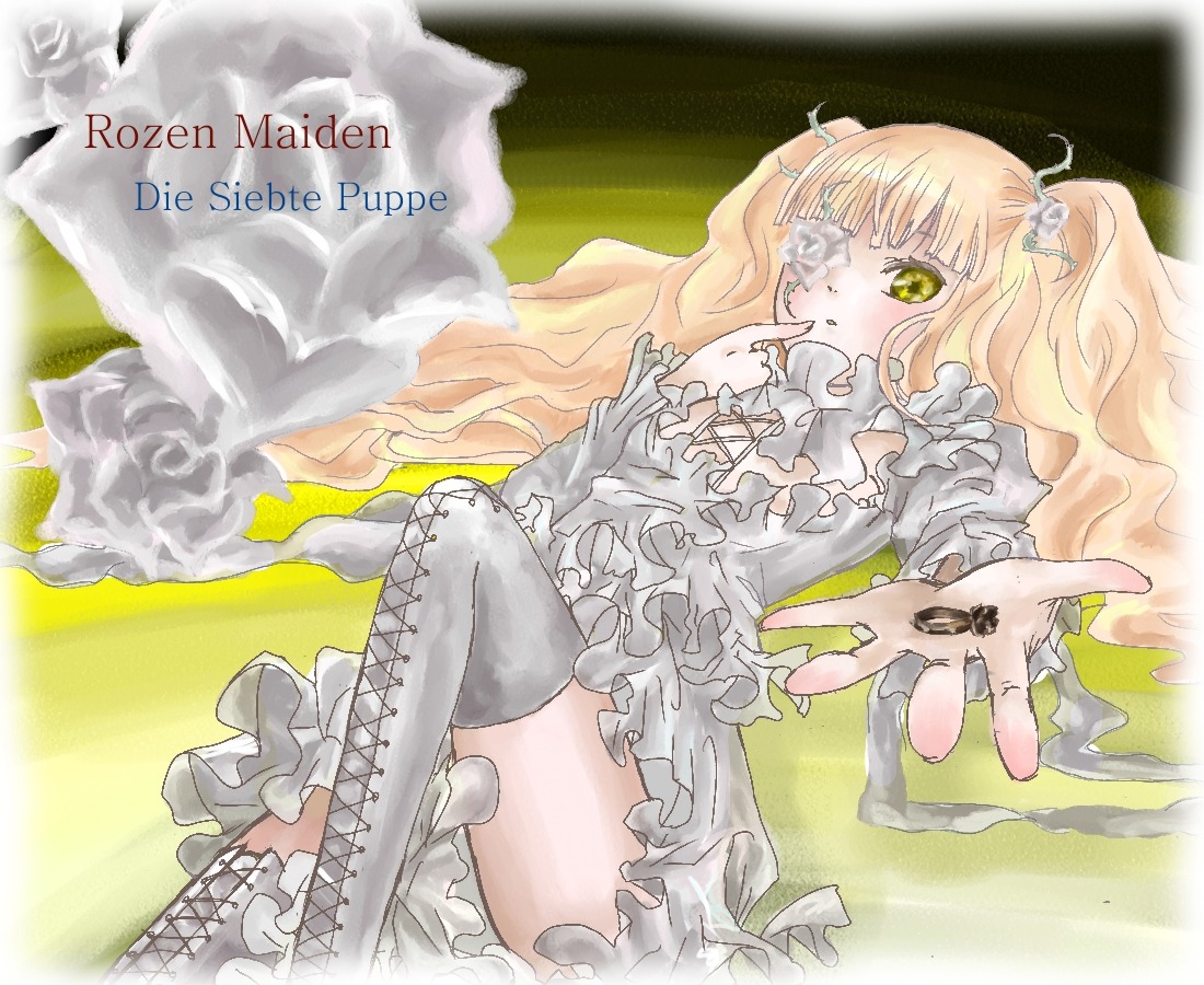 1girl blonde_hair boots cross-laced_footwear dress eyepatch flower frills hair_ornament image kirakishou long_hair long_sleeves outstretched_hand rose solo thigh_boots thighhighs white_dress yellow_eyes zettai_ryouiki