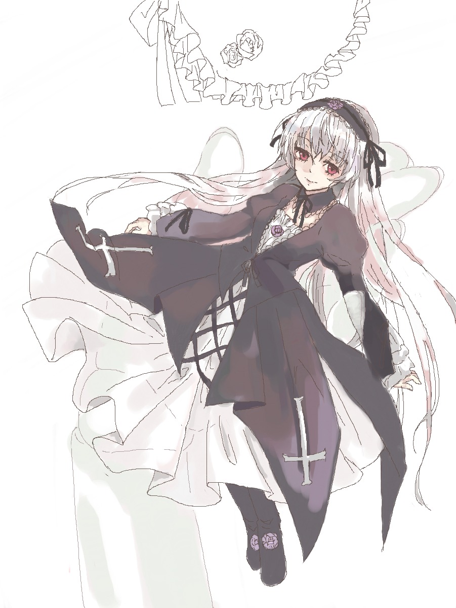 1girl black_dress black_footwear blush dress flower frills full_body hairband image long_hair long_sleeves looking_at_viewer red_eyes ribbon rose silver_hair smile solo suigintou very_long_hair white_background wings