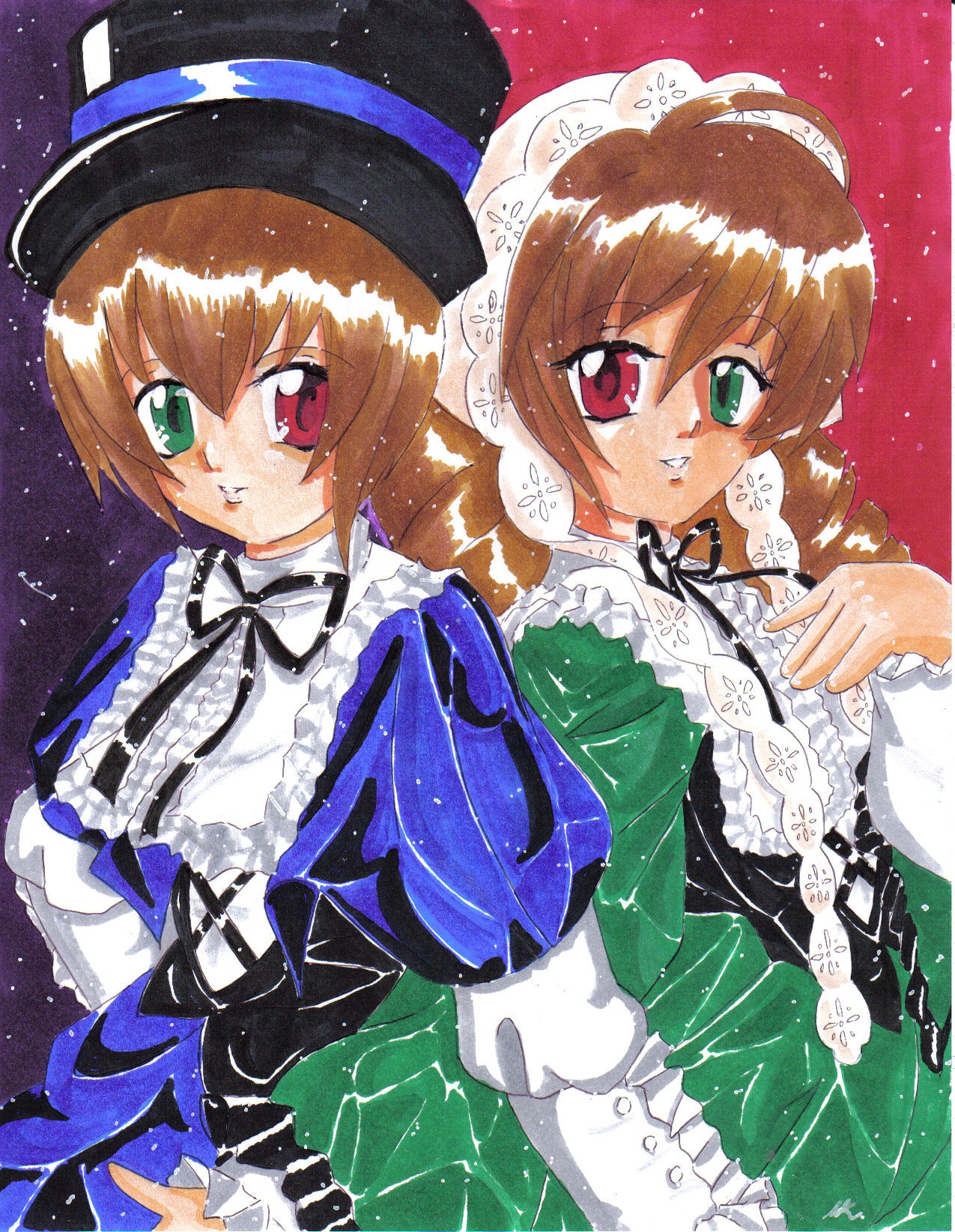 2girls brown_hair dress frills green_eyes hat heterochromia image long_hair long_sleeves looking_at_viewer multiple_girls pair red_eyes short_hair siblings sisters smile souseiseki suiseiseki traditional_media twins