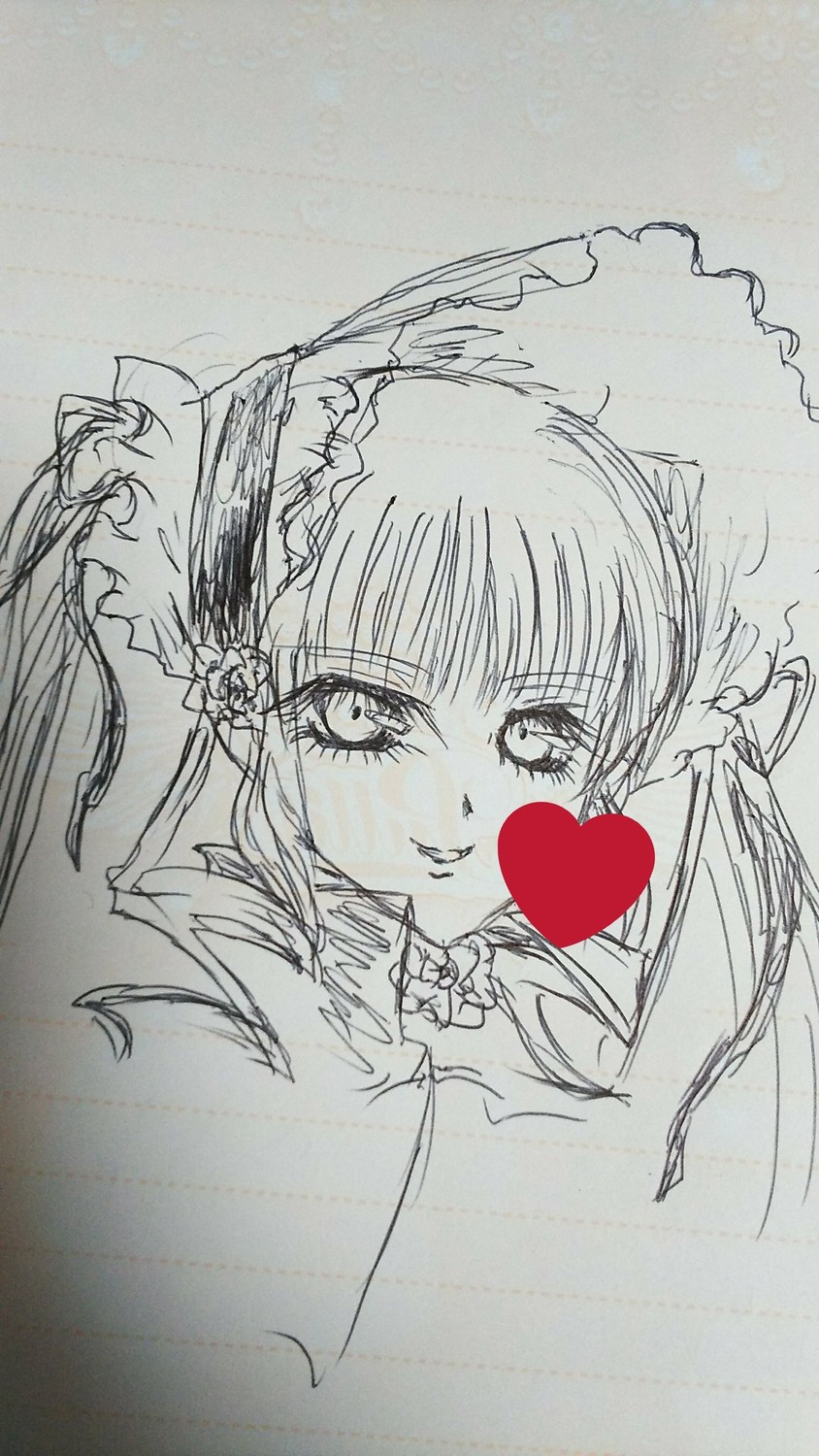 1girl blush face heart image looking_at_viewer monochrome shinku simple_background sketch smile solo traditional_media