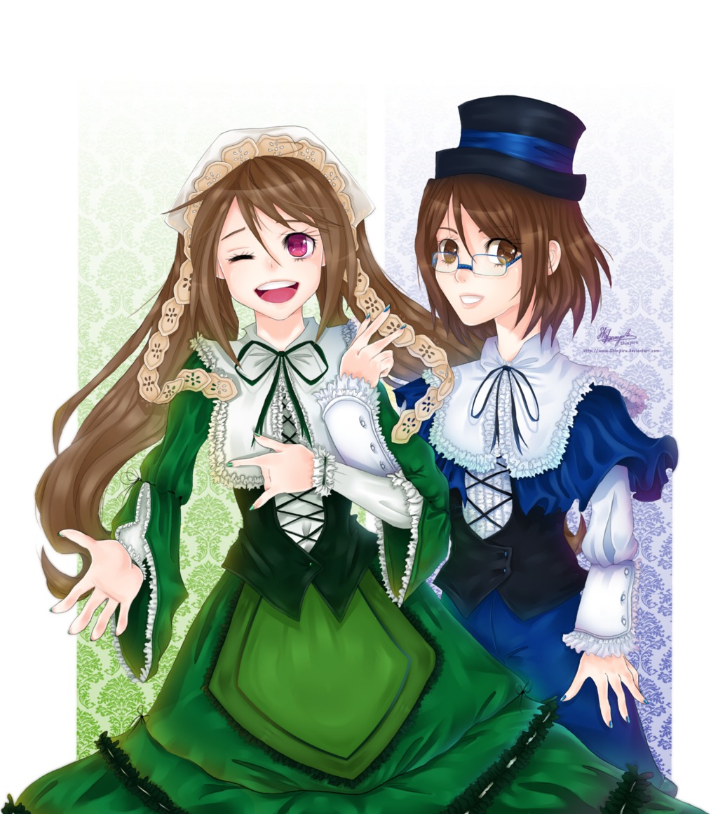 2girls brown_eyes brown_hair dress glasses hat image long_hair long_sleeves multiple_girls one_eye_closed open_mouth pair red_eyes short_hair smile souseiseki suiseiseki top_hat