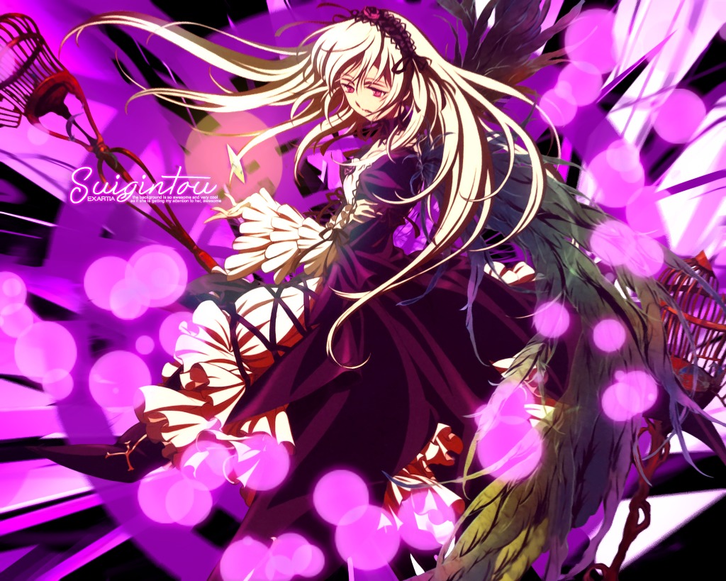 1girl boots dress floating_hair frills hairband image long_hair long_sleeves pink_eyes red_eyes ribbon silver_hair solo suigintou very_long_hair wings