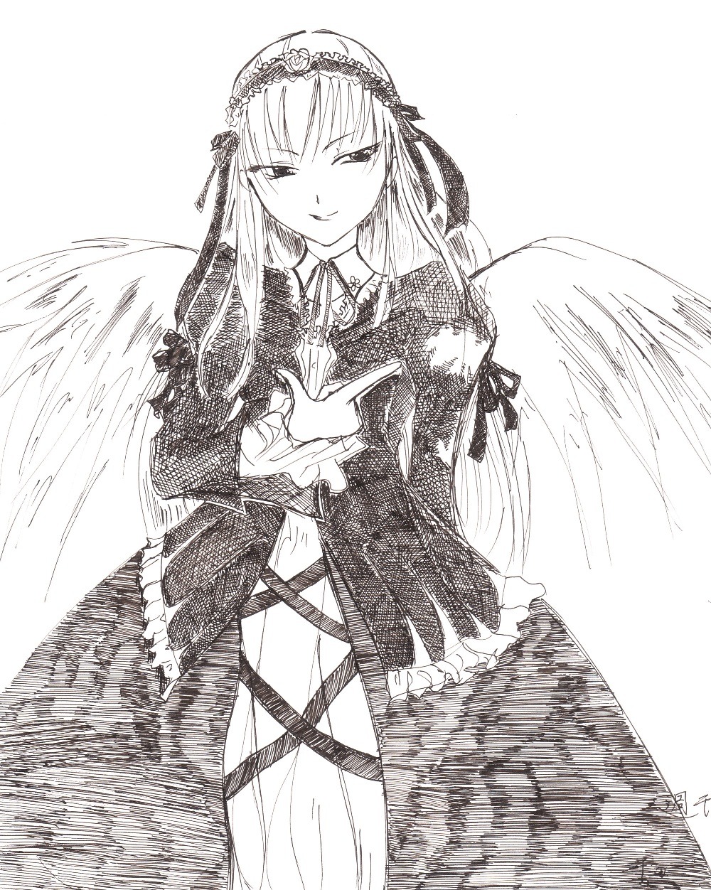 1girl dress feathered_wings frills greyscale hairband image long_hair long_sleeves looking_at_viewer monochrome ribbon simple_background smile solo suigintou very_long_hair white_background wings