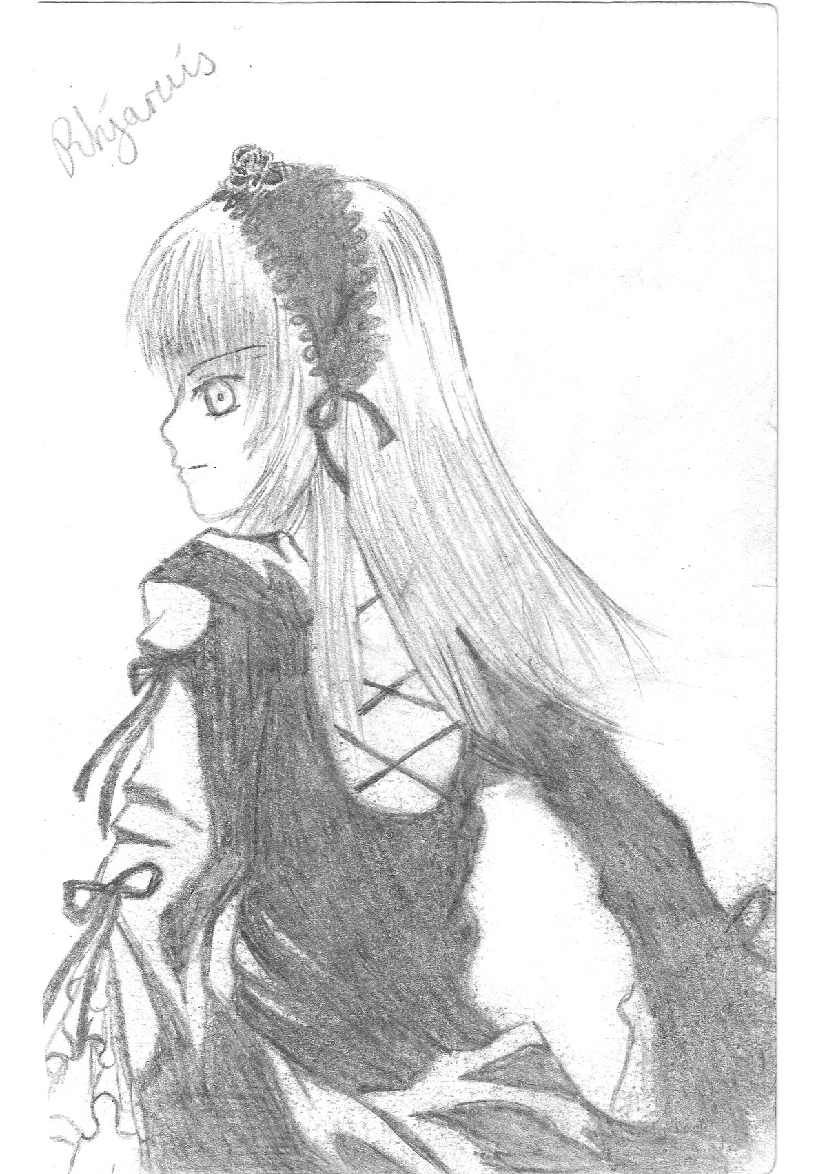 1girl dress greyscale image long_hair long_sleeves looking_at_viewer looking_back monochrome profile simple_background solo suigintou upper_body