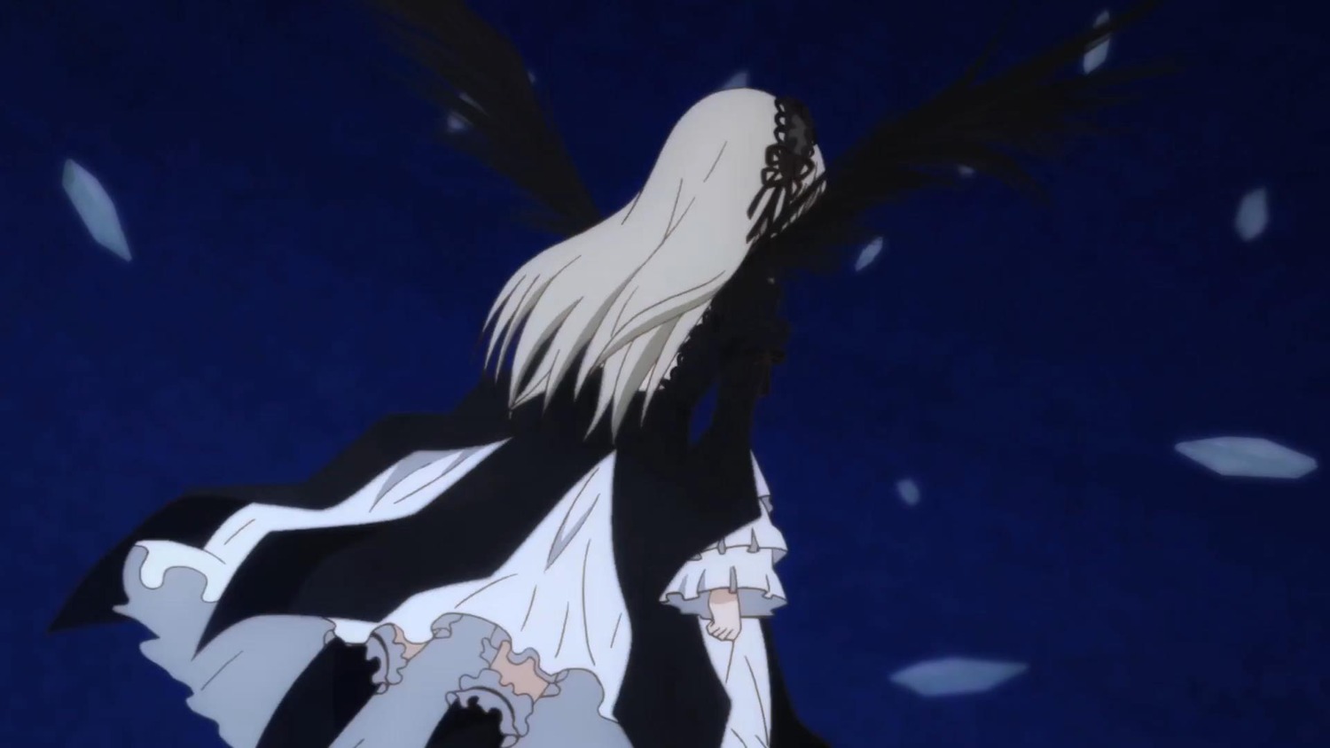 1girl black_dress black_wings dress facing_away frills hairband image long_hair long_sleeves petals ribbon silver_hair solo standing suigintou thighhighs very_long_hair wings