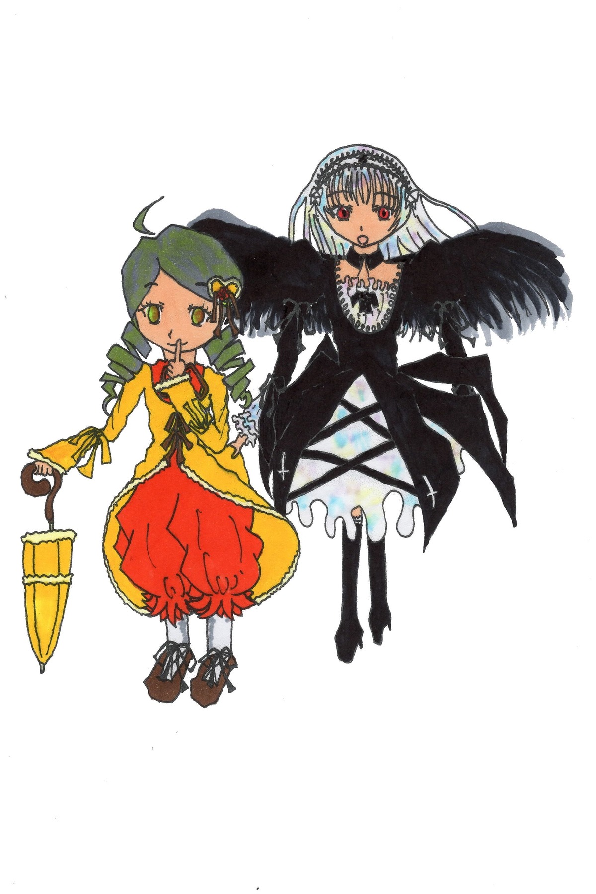 2girls ahoge black_wings dress drill_hair frills green_eyes green_hair hairband image kanaria long_hair long_sleeves multiple_girls pair red_eyes rose shinku silver_hair standing suigintou wings