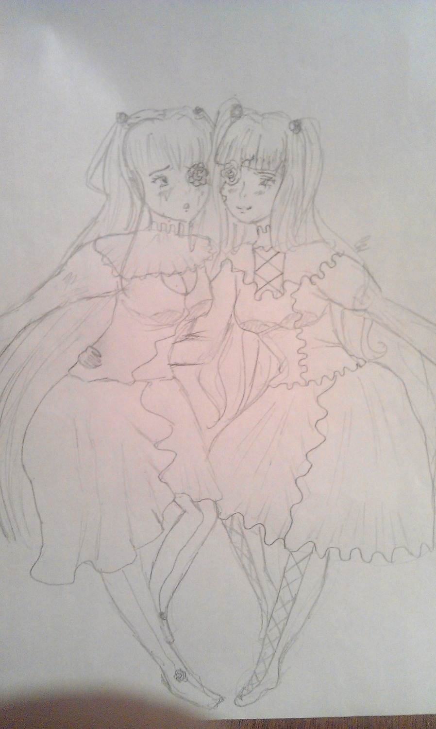 2girls barasuishou bow dress hair_ornament houraisan_kaguya image kirakishou long_hair monochrome multiple_girls pair sketch traditional_media twintails wide_sleeves