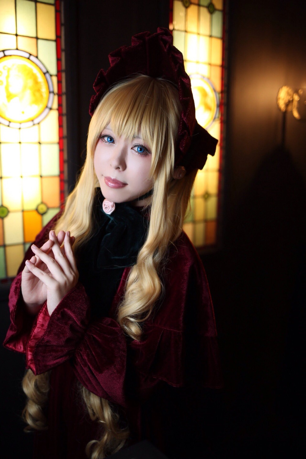 1girl blonde_hair blue_eyes bow checkered checkered_floor dress indoors lips lolita_fashion long_hair shinku solo stained_glass upper_body