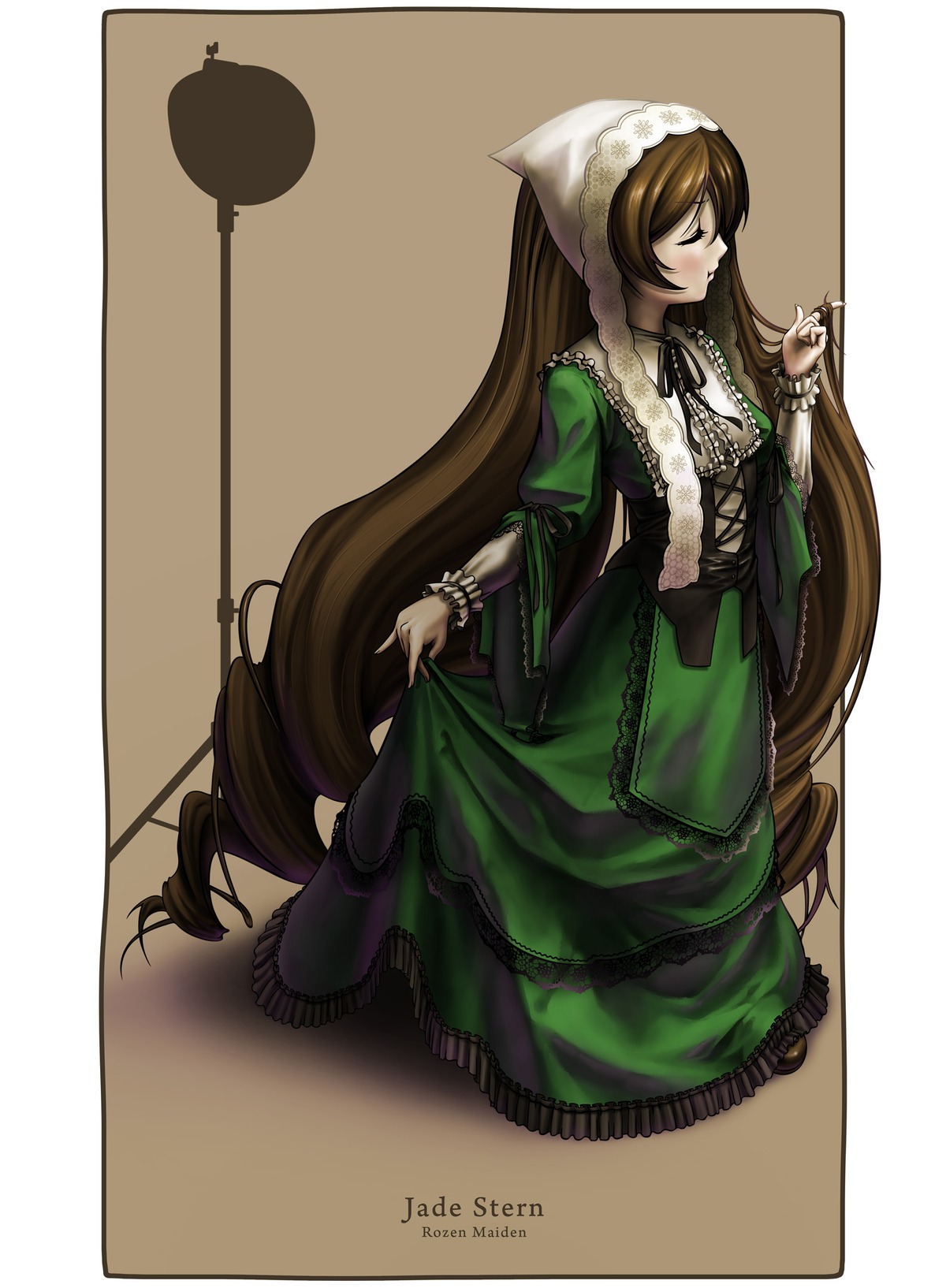 1girl artist_name brown_hair closed_eyes corset dress frills full_body green_dress image long_hair long_sleeves ribbon solo suiseiseki very_long_hair