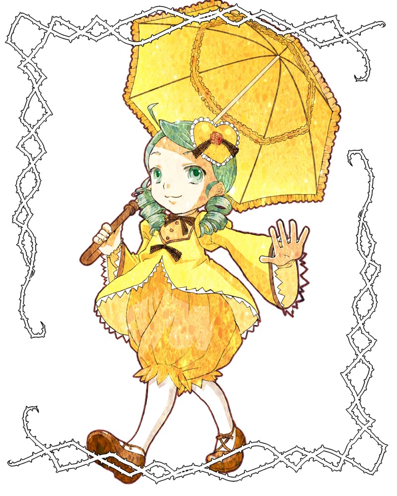 1girl black_umbrella dress drill_hair full_body green_eyes green_hair holding holding_umbrella image kanaria long_sleeves pantyhose parasol red_umbrella shoes smile solo twin_drills umbrella white_legwear