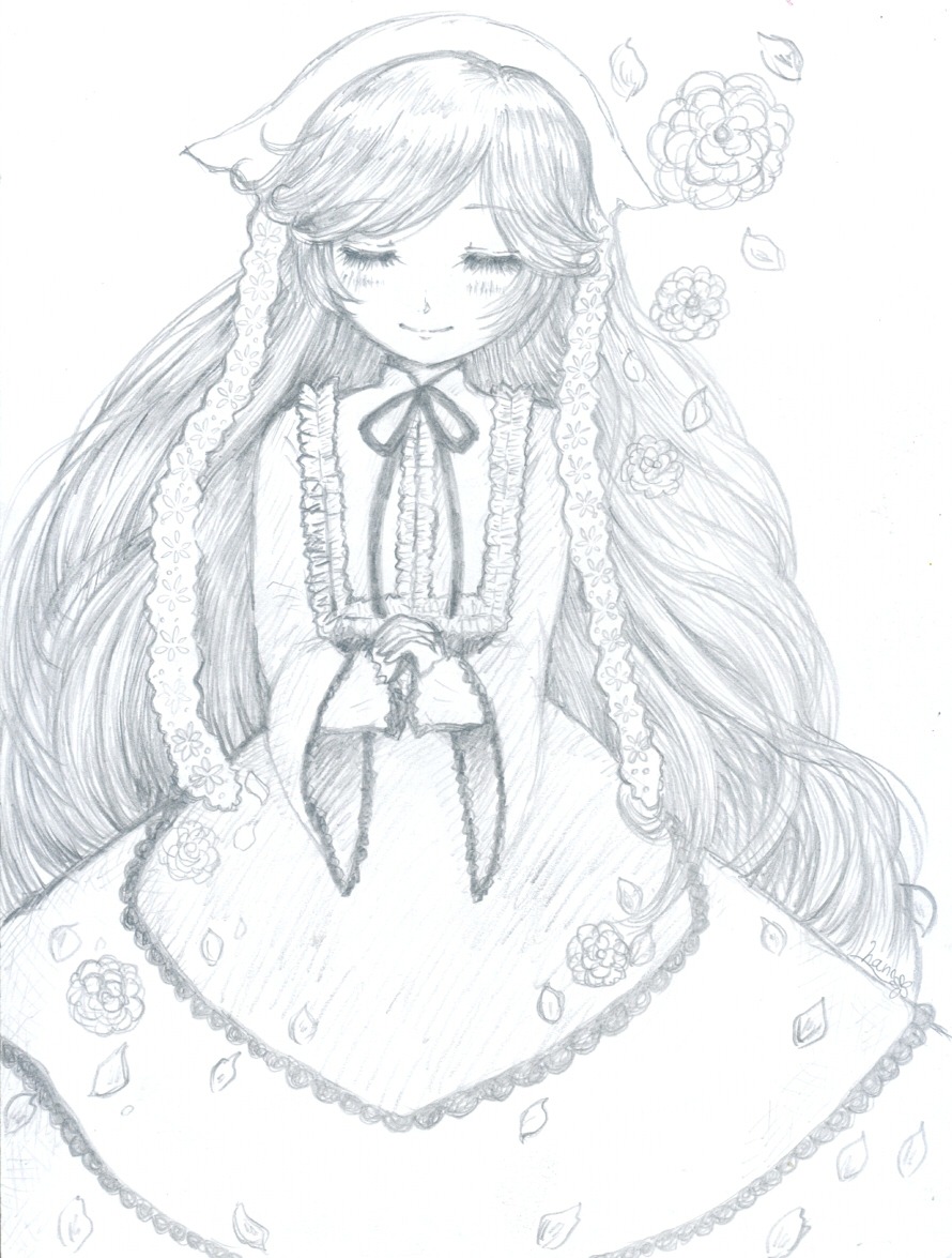 1girl dress flower frills greyscale image long_hair long_sleeves monochrome petals ribbon rose smile solo striped suiseiseki traditional_media vertical-striped_dress vertical_stripes very_long_hair