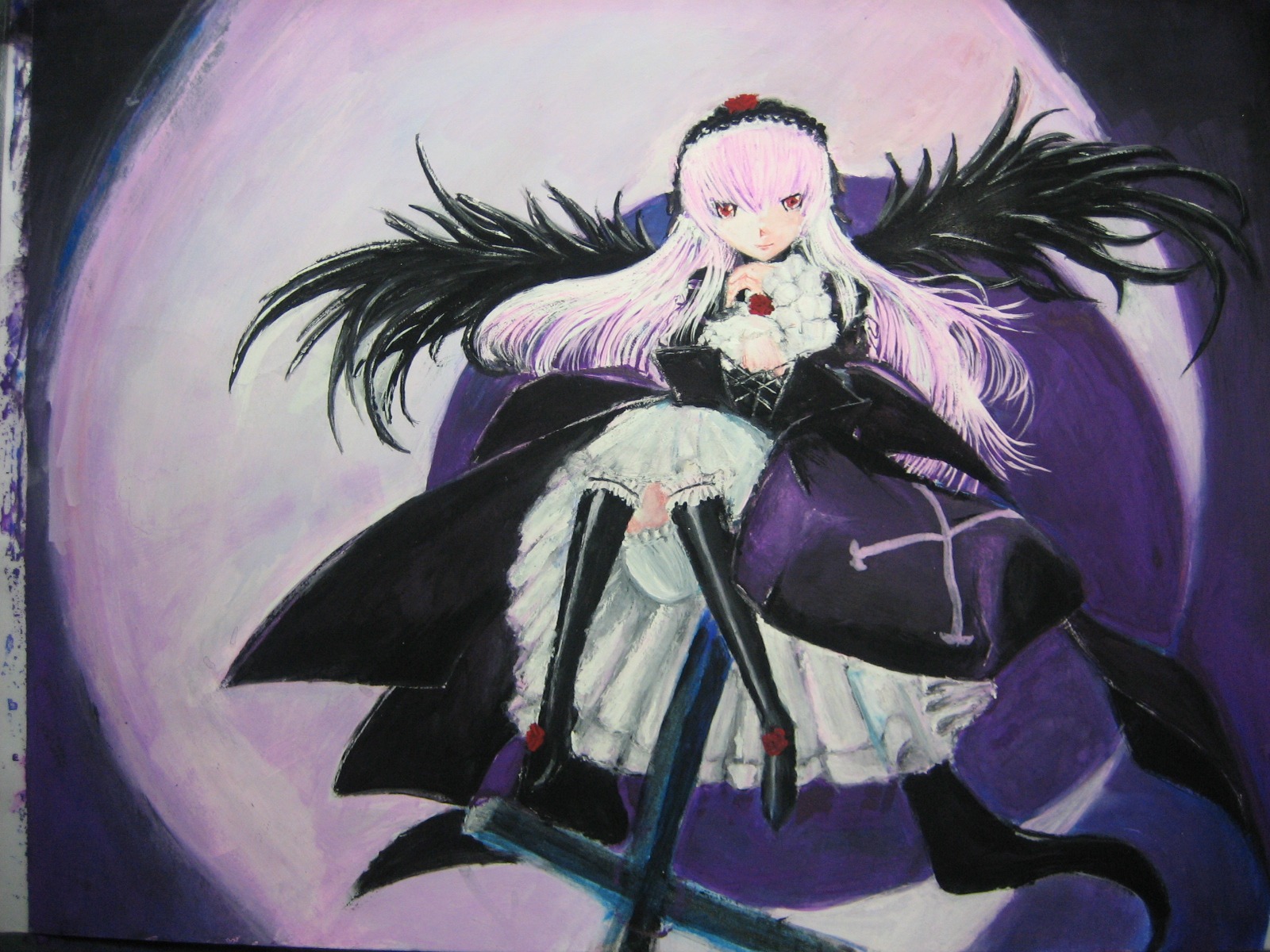 1girl auto_tagged black_wings boots detached_collar dress frills full_moon hairband image knee_boots long_hair long_sleeves looking_at_viewer moon pink_eyes pink_hair red_eyes sitting solo suigintou very_long_hair wings