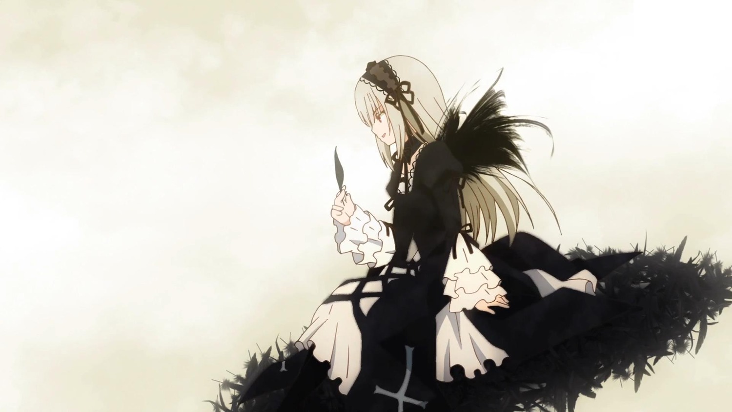 1girl black_dress dress flower frilled_sleeves frills hairband holding image long_hair long_sleeves profile silver_hair solo standing suigintou wings