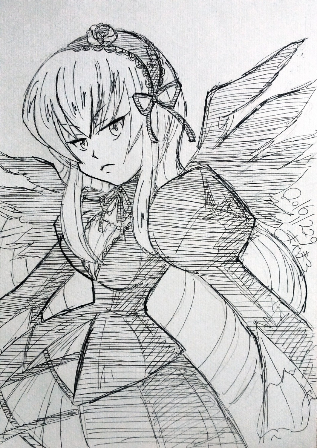 1girl black_wings dress frown greyscale image long_hair long_sleeves looking_at_viewer monochrome simple_background solo suigintou wings