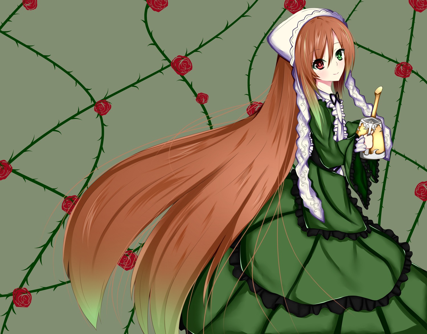 1girl brown_hair dress flower frills green_dress green_eyes hat heterochromia image long_hair long_sleeves looking_at_viewer pink_flower pink_rose plant red_eyes red_flower red_rose rose rose_petals solo suiseiseki thorns very_long_hair vines watering_can