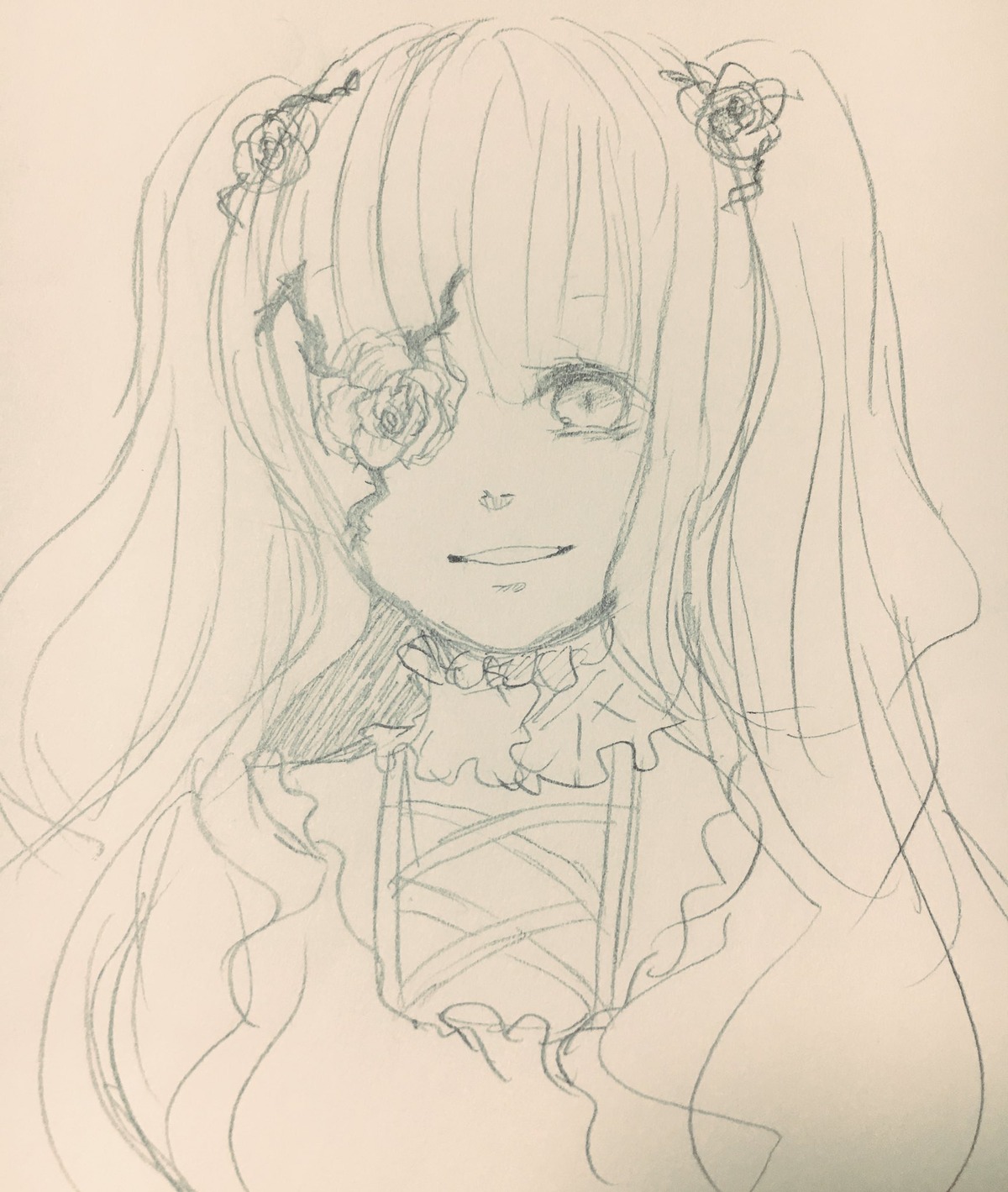 1girl flower hair_flower hair_ornament image kirakishou long_hair looking_at_viewer monochrome rose smile solo traditional_media upper_body