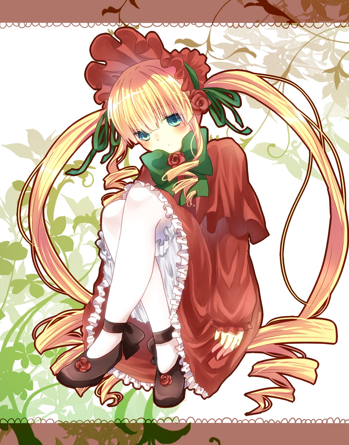 1girl blonde_hair bloomers blue_eyes blush bonnet bow bowtie dress drill_hair flower full_body green_bow image long_hair long_sleeves looking_at_viewer pantyhose rose shinku shoes sitting solo twin_drills twintails underwear very_long_hair white_legwear