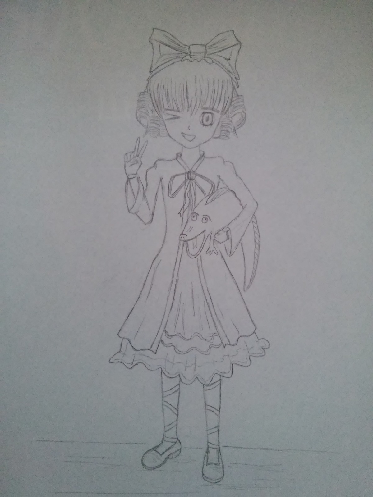 1girl bow dress full_body greyscale hair_bow hand_on_hip hinaichigo image looking_at_viewer monochrome one_eye_closed open_mouth ribbon sketch smile solo standing traditional_media