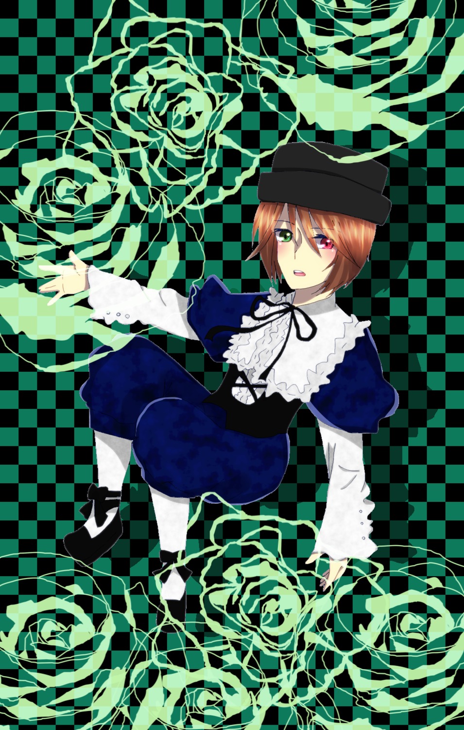 1boy argyle argyle_background argyle_legwear board_game brown_hair checkerboard_cookie checkered checkered_background checkered_floor checkered_kimono checkered_scarf checkered_skirt chess_piece colorful cookie diamond_(shape) dress flag floor green_eyes hat heterochromia image king_(chess) knight_(chess) mirror on_floor open_mouth perspective plaid_background red_eyes reflection reflective_floor ribbon rook_(chess) short_hair solo souseiseki tile_floor tile_wall tiles vanishing_point