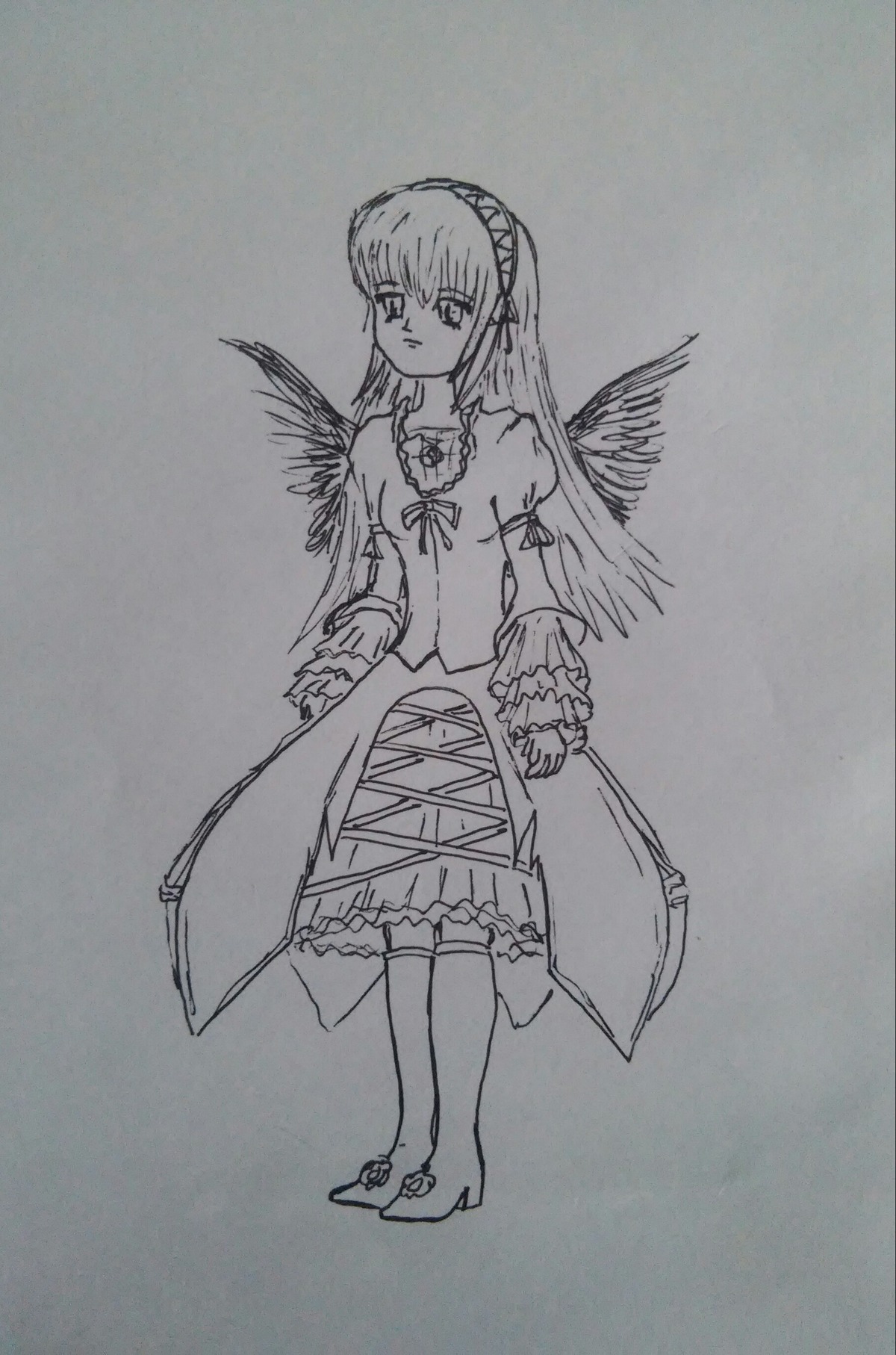 1girl bangs bare_shoulders closed_mouth dress eyebrows_visible_through_hair feathered_wings frills full_body greyscale image long_hair long_sleeves looking_at_viewer monochrome ribbon solo standing suigintou traditional_media wings