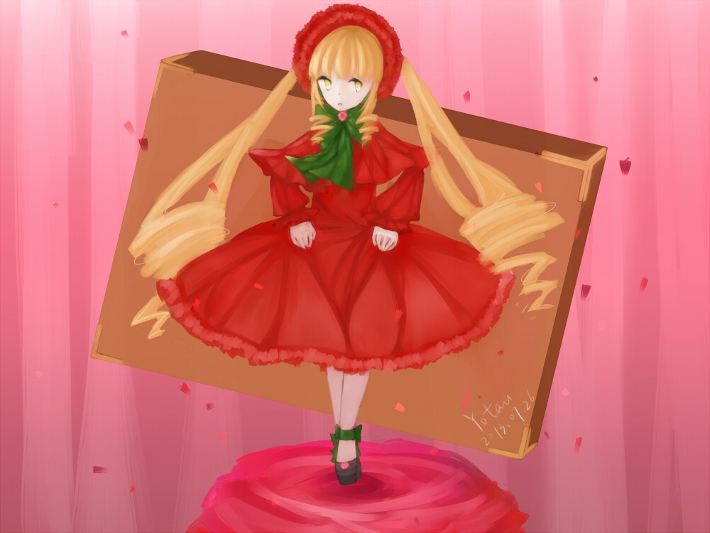 1girl blonde_hair bonnet bow curtains dress flower green_eyes image long_hair long_sleeves looking_at_viewer pantyhose petals rose rose_petals shinku shoes solo standing twintails white_legwear