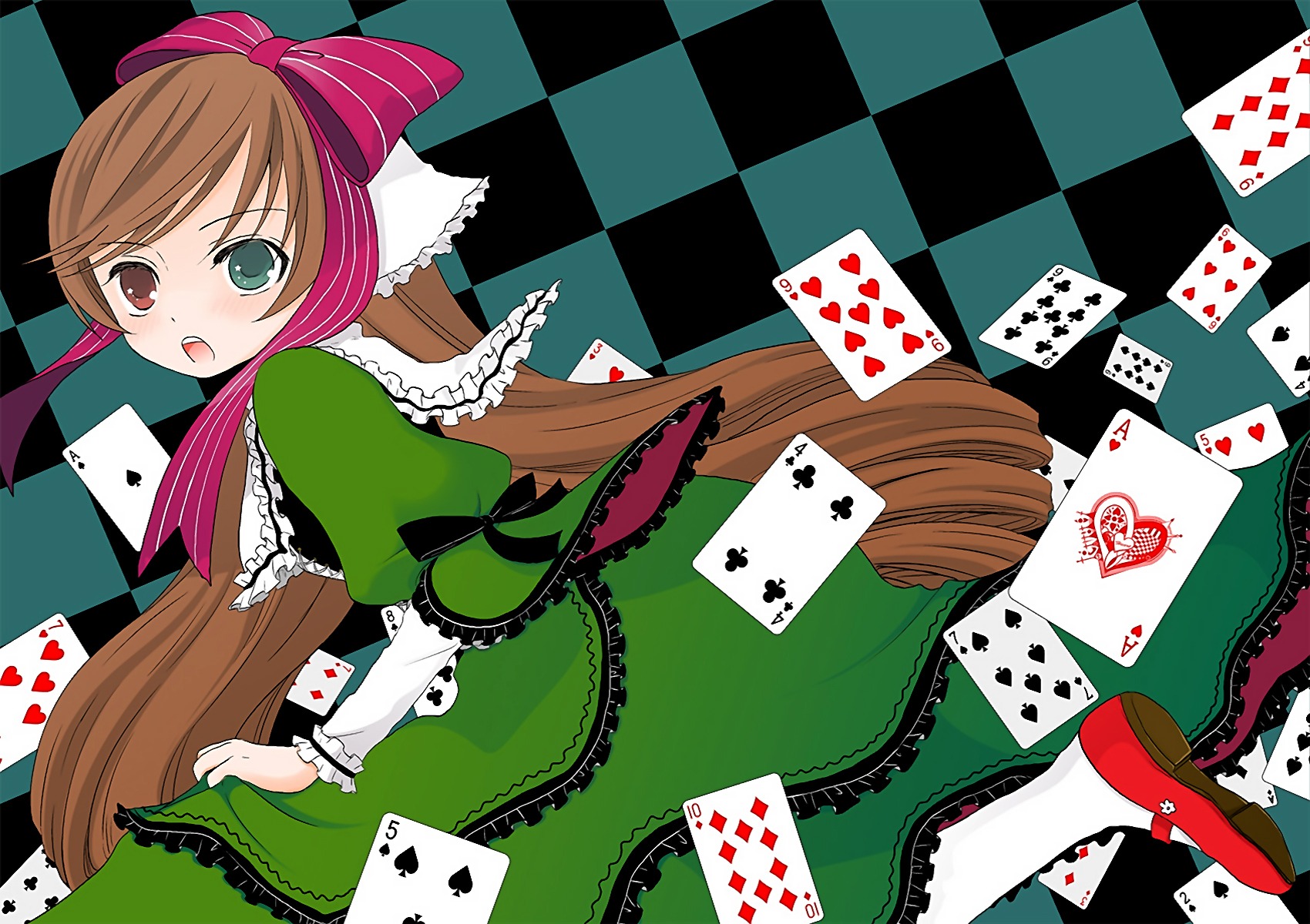 1girl argyle argyle_background argyle_legwear board_game bow brown_hair card checkerboard_cookie checkered checkered_background checkered_floor checkered_kimono checkered_skirt chess_piece club_(shape) cookie diamond_(shape) dress floor green_eyes hair_ribbon heterochromia holding_card image knight_(chess) long_hair on_floor open_mouth perspective playing_card red_eyes ribbon solo spade_(shape) suiseiseki tile_floor tiles vanishing_point