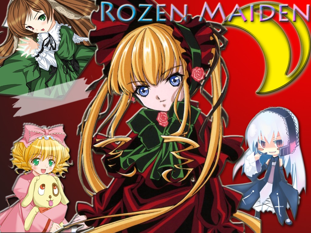 :d blonde_hair blue_eyes bonnet bow brown_hair cup dress drill_hair flower frills green_bow green_eyes heterochromia hina_ichigo image long_hair long_sleeves looking_at_viewer moon multiple multiple_girls open_mouth pink_bow red_eyes rose shinku smile suigintou suiseiseki tagme twintails