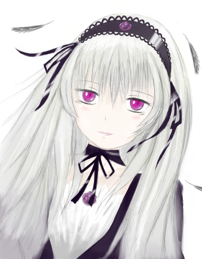 1girl bangs black_ribbon closed_mouth detached_collar dress feathers flower frills hairband image lolita_hairband long_hair long_sleeves looking_at_viewer pink_eyes ribbon rose silver_hair simple_background smile solo suigintou upper_body white_background wings